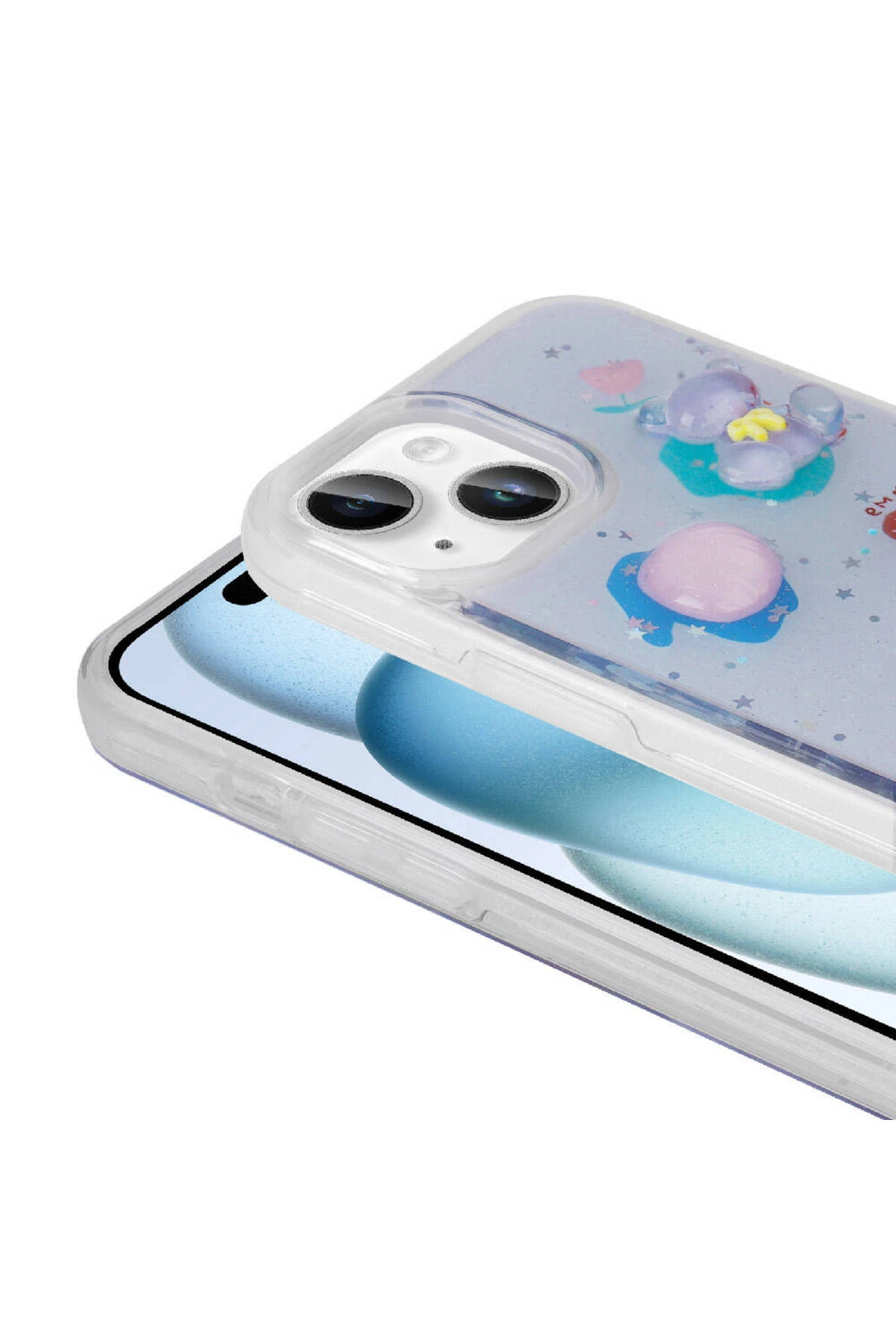 Apple iPhone 15 Plus Kılıf Kabartma Figürlü Parlak Minimini Silikon Kapak Pembe