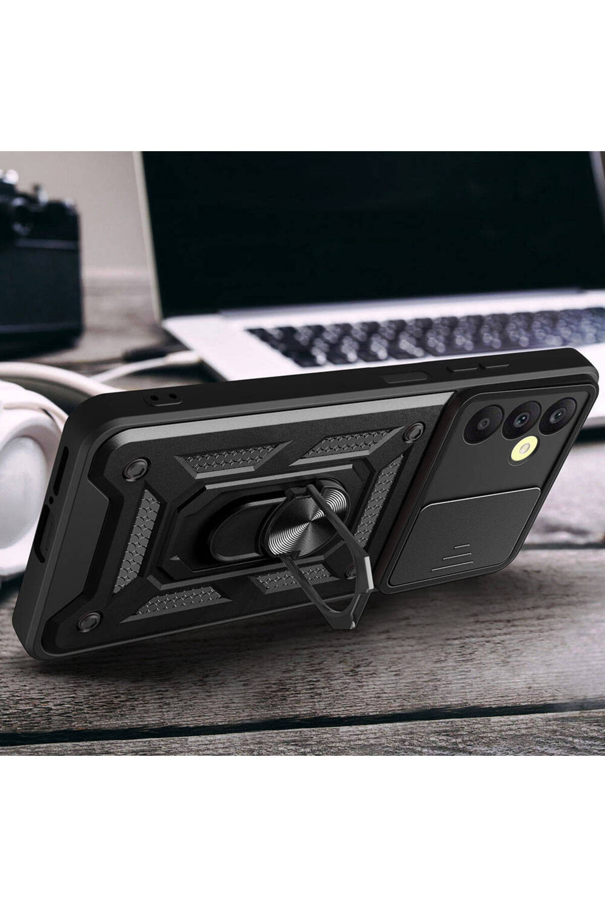 Galaxy A25 Uyumlu Kılıf Magnetik Standlı Kamera Korumalı Tknc Sürgülü Vega Kapak - Mavi