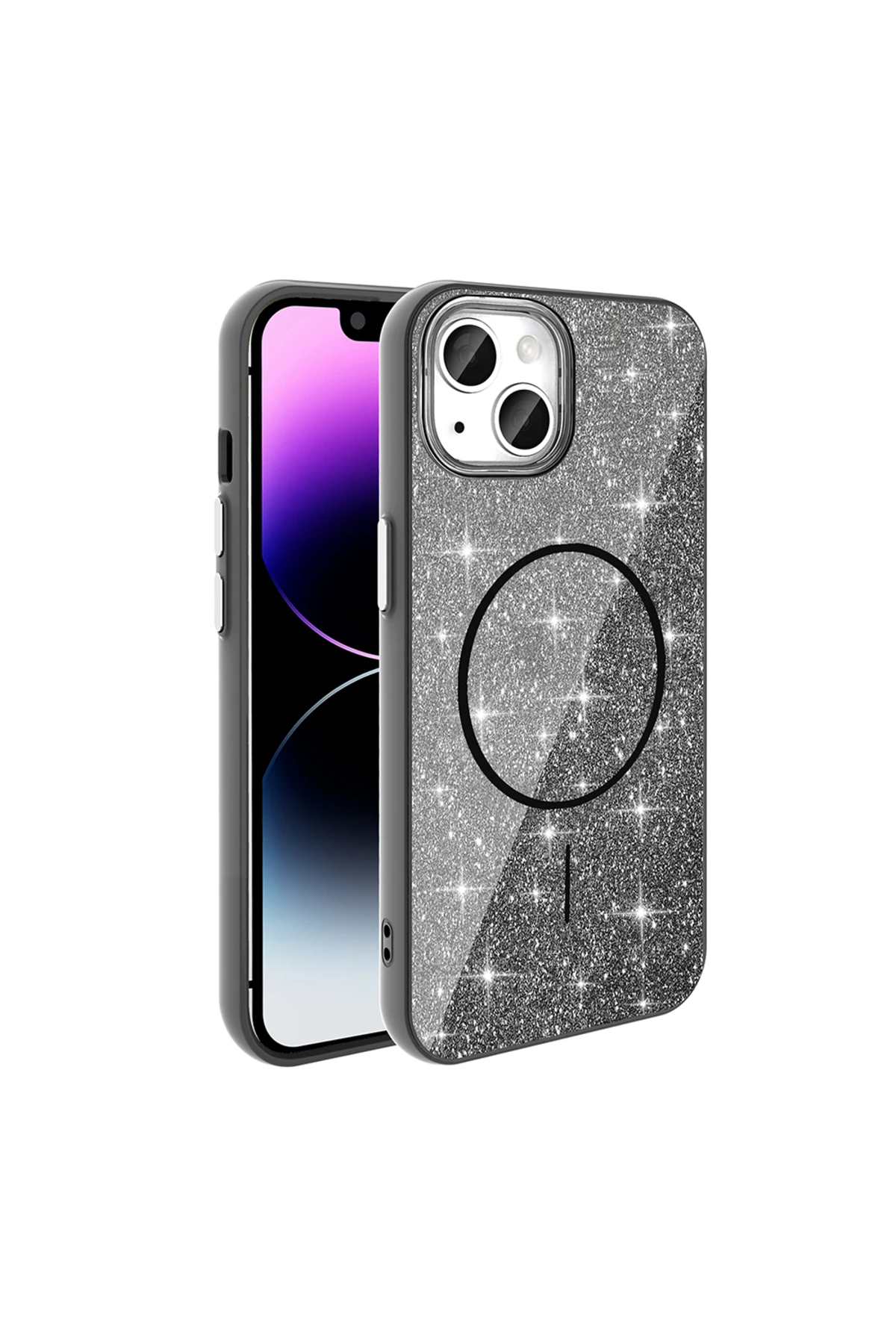 iPhone 13 Kılıf Magsafe Şarj Özellikli Parlayan Simli OMSY Okso Kapak - Beyaz