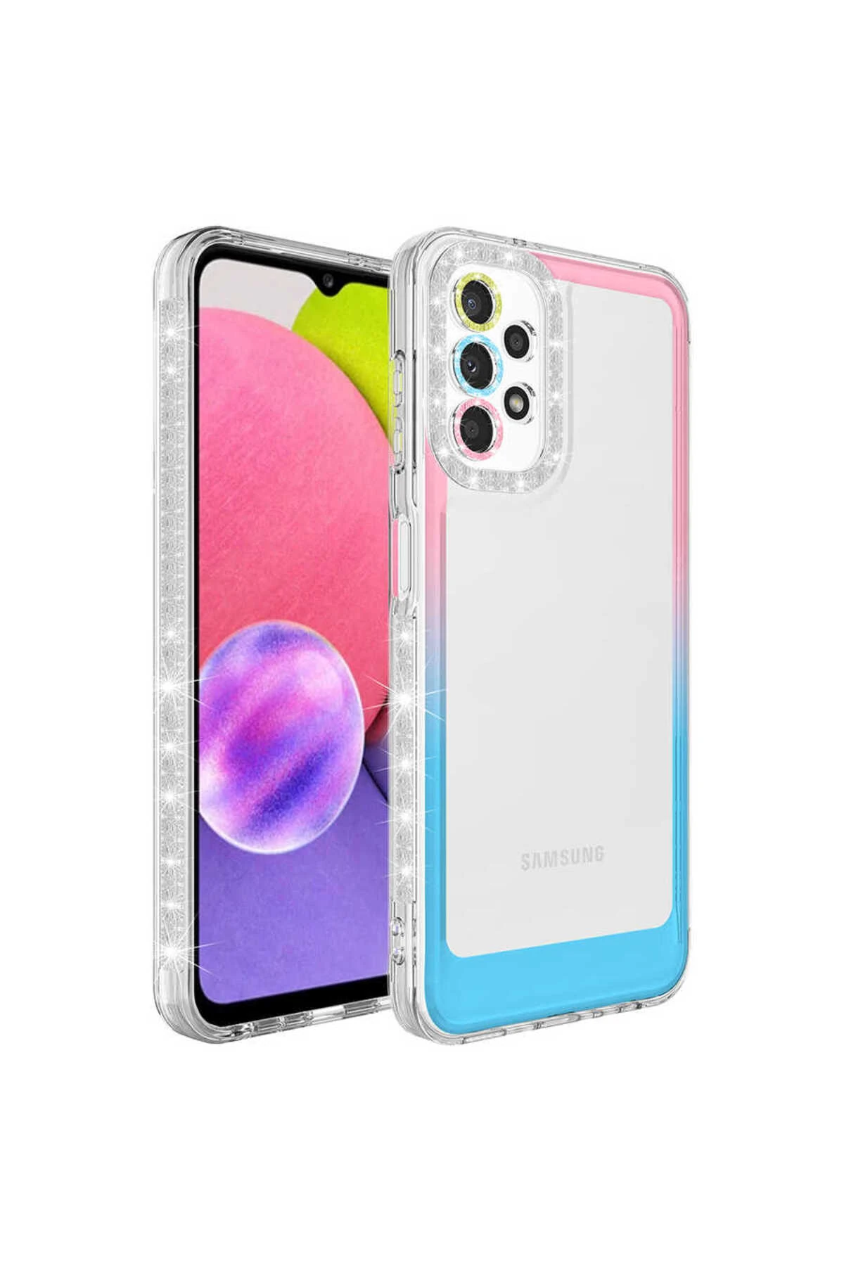 Galaxy A32 4G Kılıf Simli ve Renk Geçiş Tasarımlı Lens Korumalı MKST Park Kapak - Pembe-Mavi