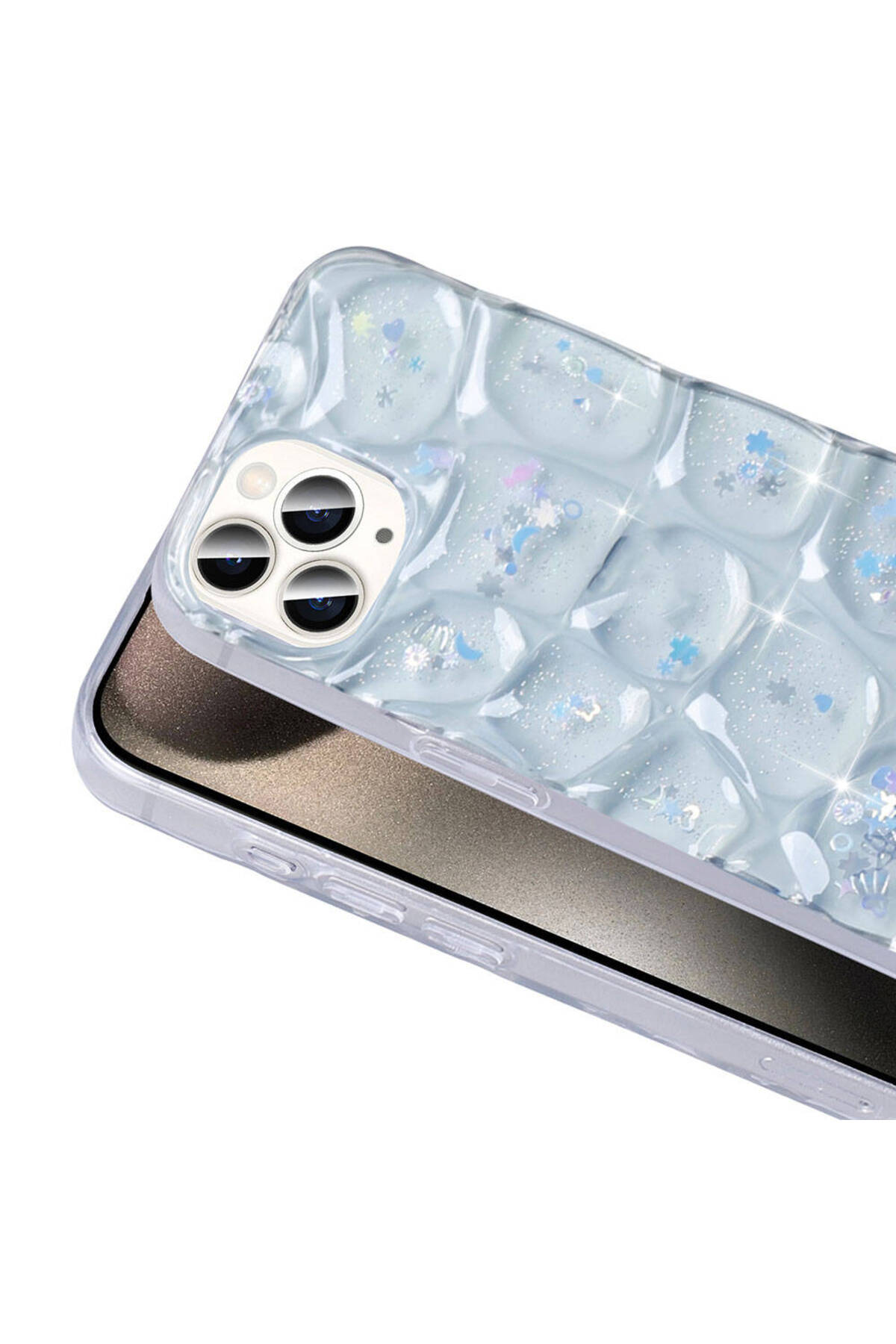iPhone 15 Pro Max Kılıf Simli 3D Desenli HZRV Hacar Kapak - Beyaz