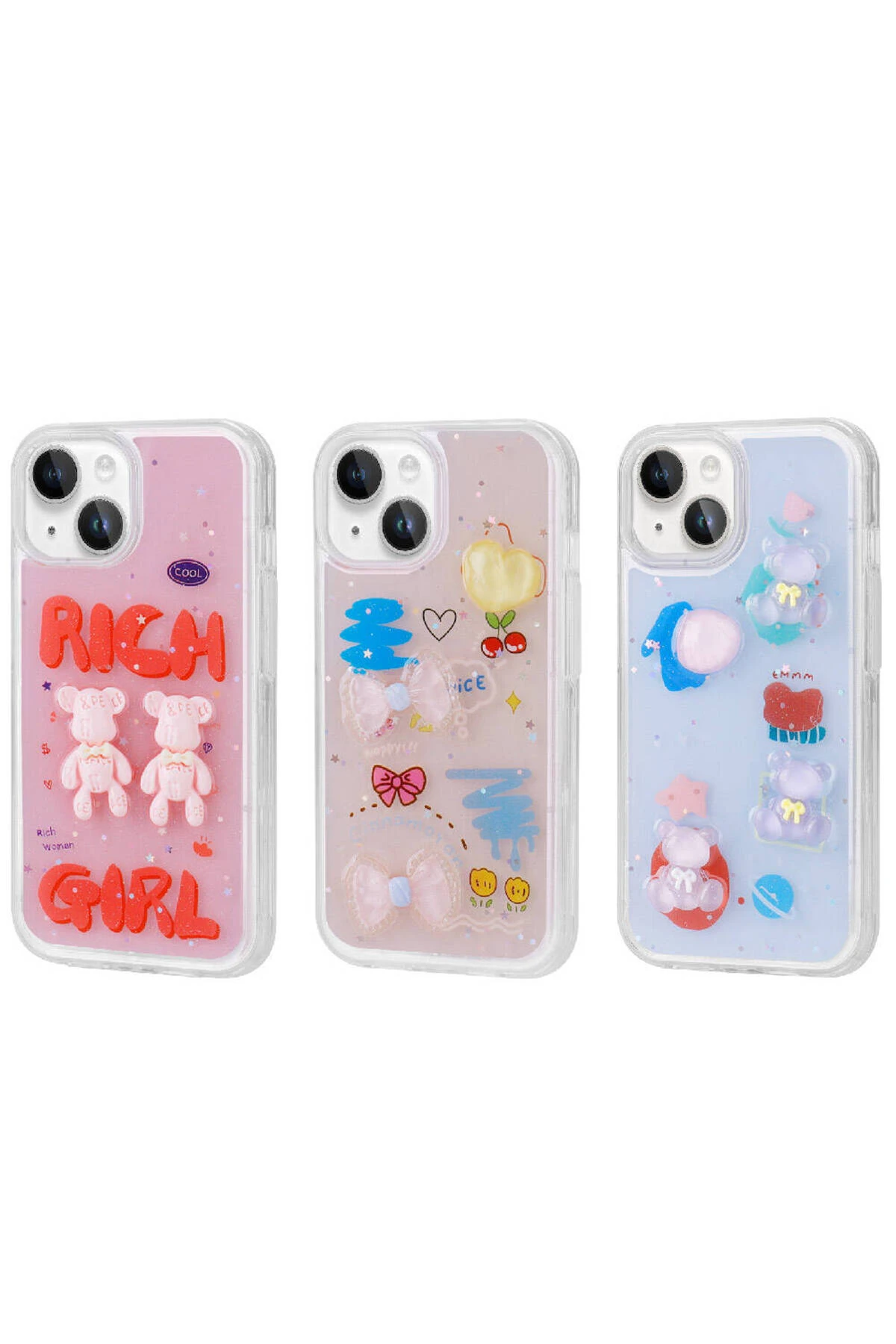 Apple iPhone 15 Plus Kılıf Kabartma Figürlü Parlak Minimini Silikon Kapak Pembe