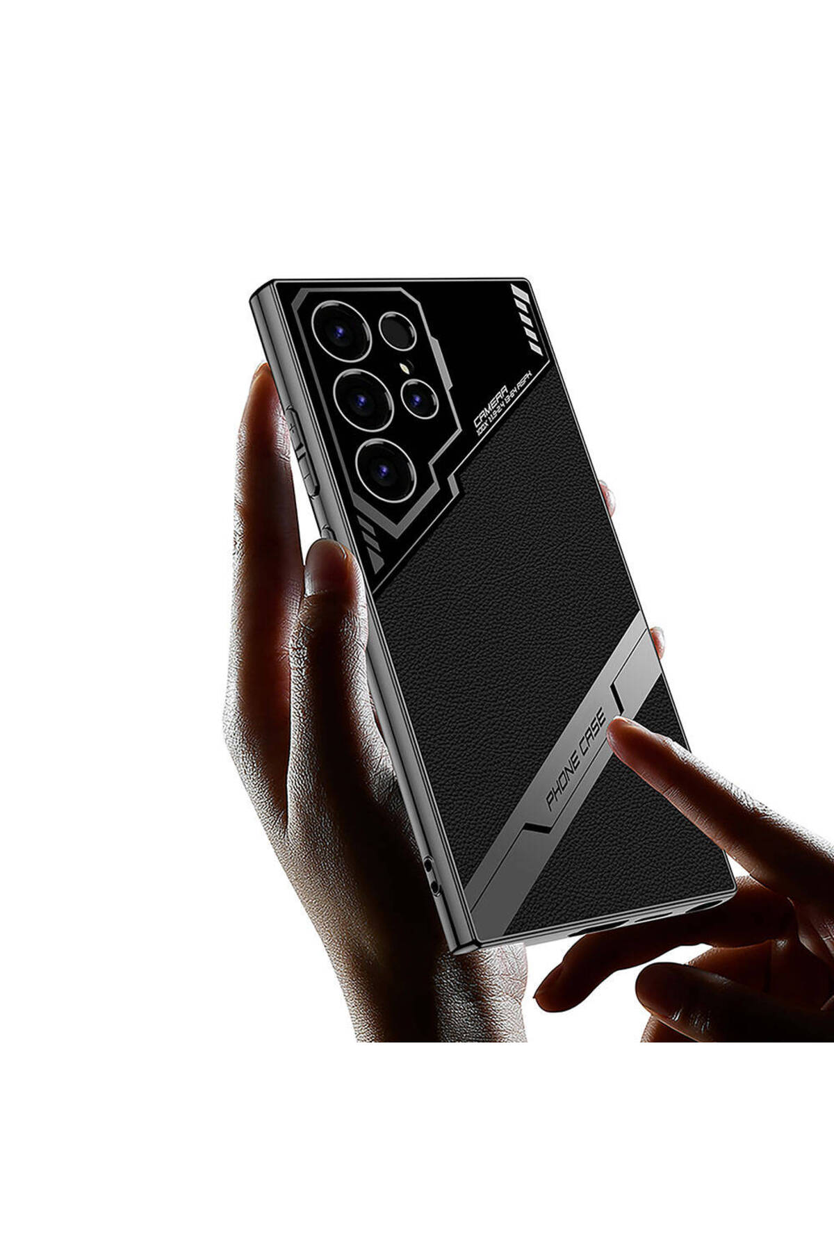 Galaxy S23 Ultra Kılıf Kamera Korumalı Suni Deri Tasarım MKST Yeni Seri Procase Kapak-Siyah