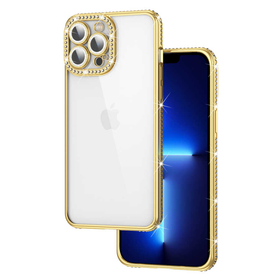iPhone 12 Pro Kılıf Kamera Korumalı Taşlı OMSY Mina Kapak-Siyah
