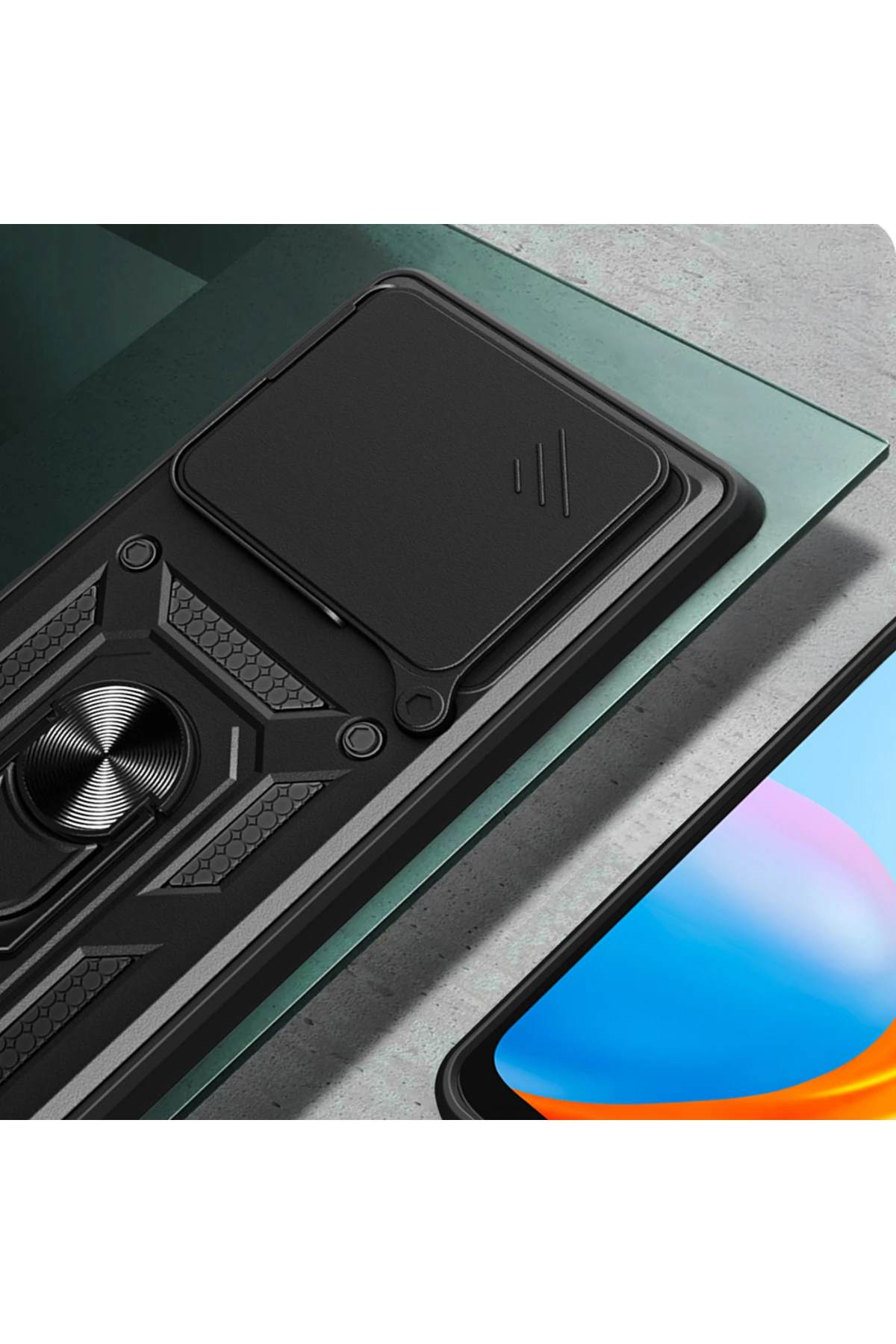 14T Uyumlu Kılıf Magnetik Standlı Kamera Korumalı OMSY Sürgülü Vega Kapak-Siyah