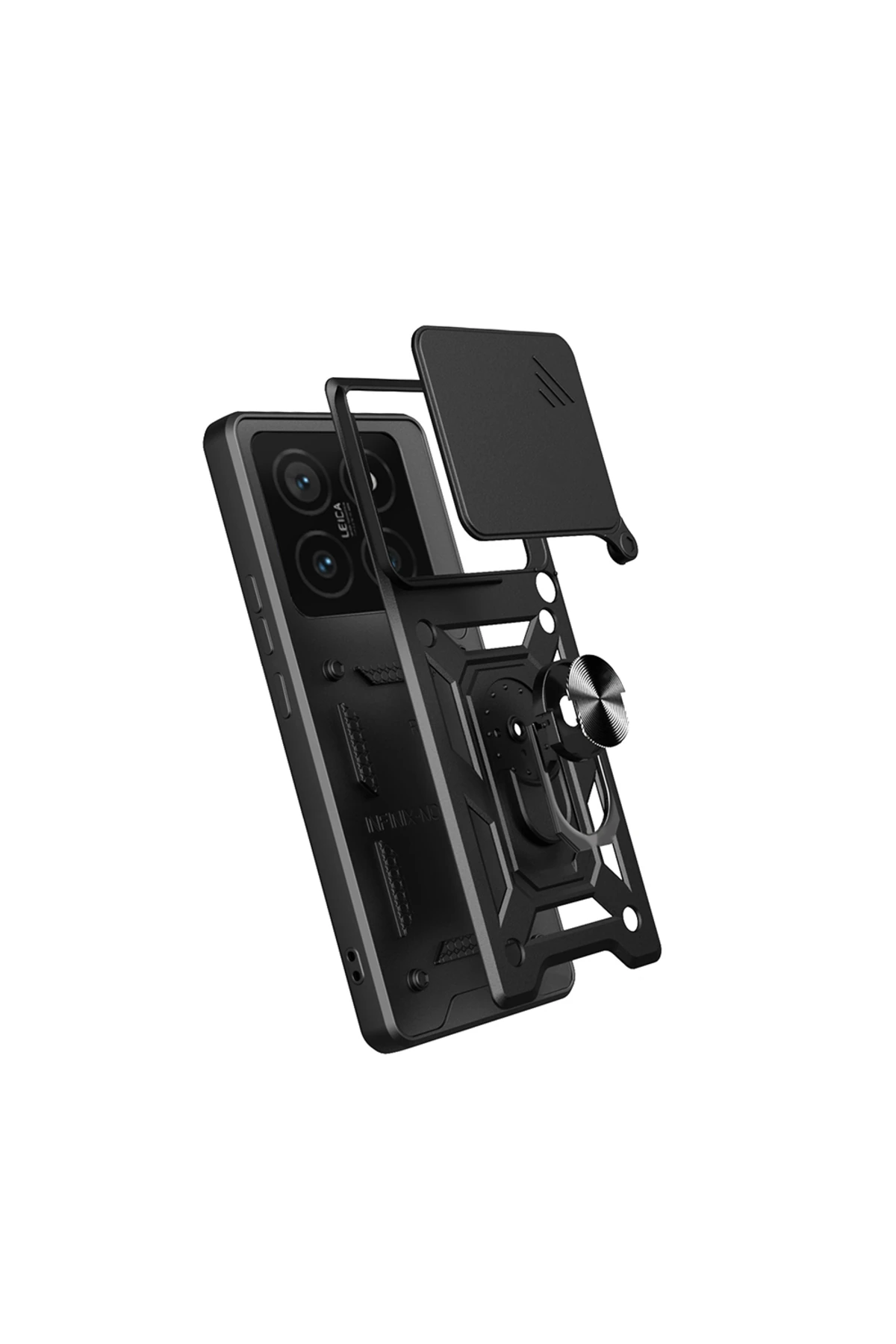14T Uyumlu Kılıf Magnetik Standlı Kamera Korumalı OMSY Sürgülü Vega Kapak-Siyah