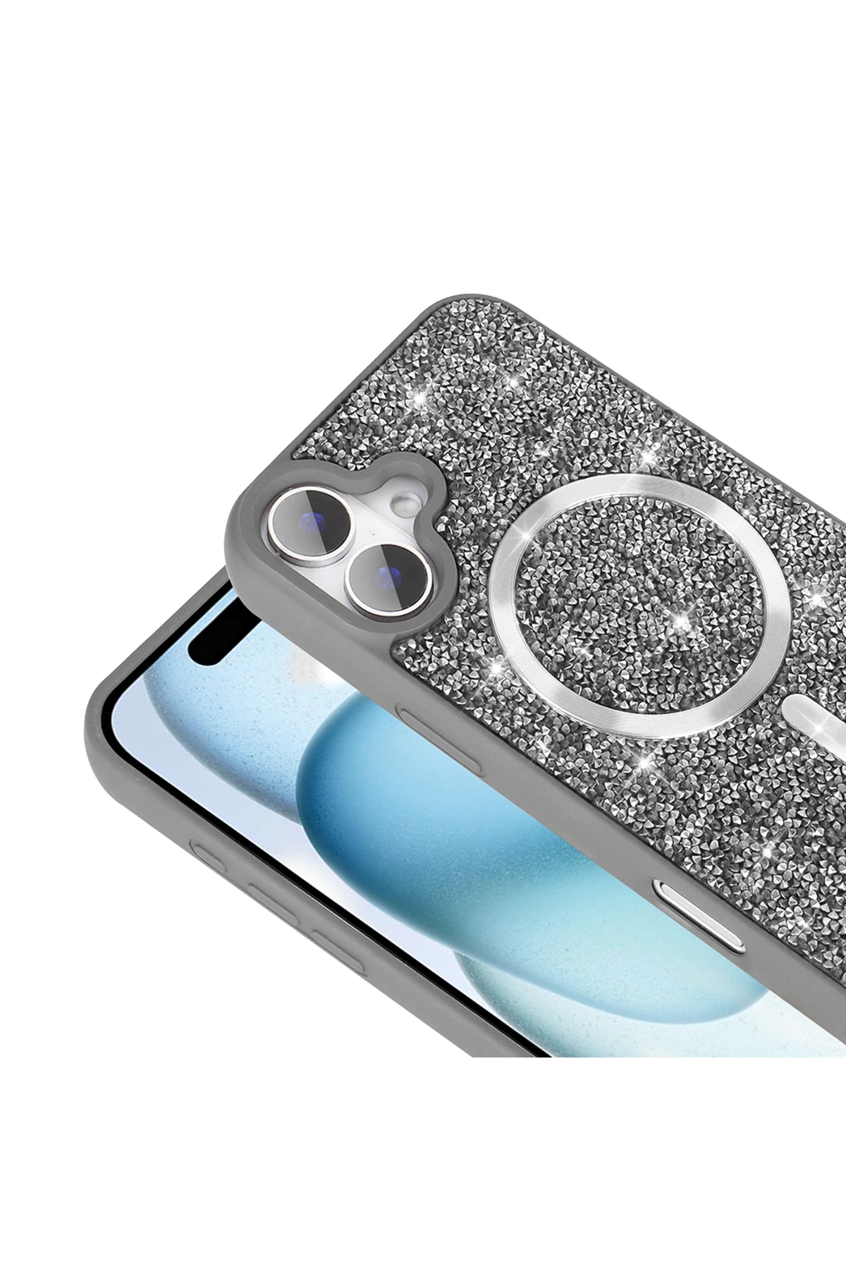 iPhone 16 Pro Kılıf Pırlanta Tasarımlı Magsafe Şarj Özellikli NXXA Mozaik Silikon Kapak - Siyah