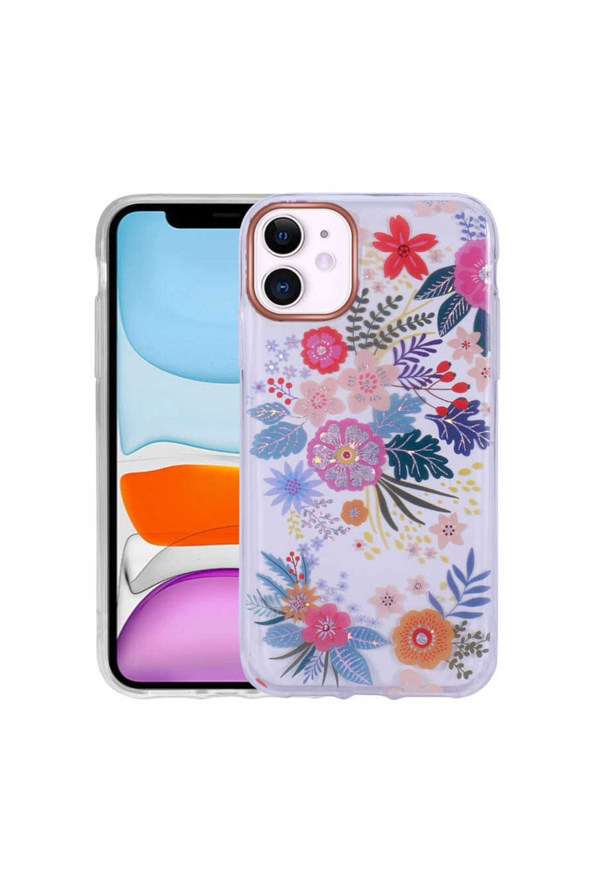 iPhone 11 Uyumlu Desenli Simli Sert FZD İnka Kılıf-NO2