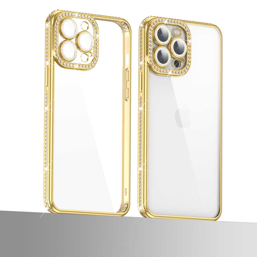 iPhone 13 Pro Kılıf Kamera Korumalı Taşlı OMSY Mina Kapak-Gümüş