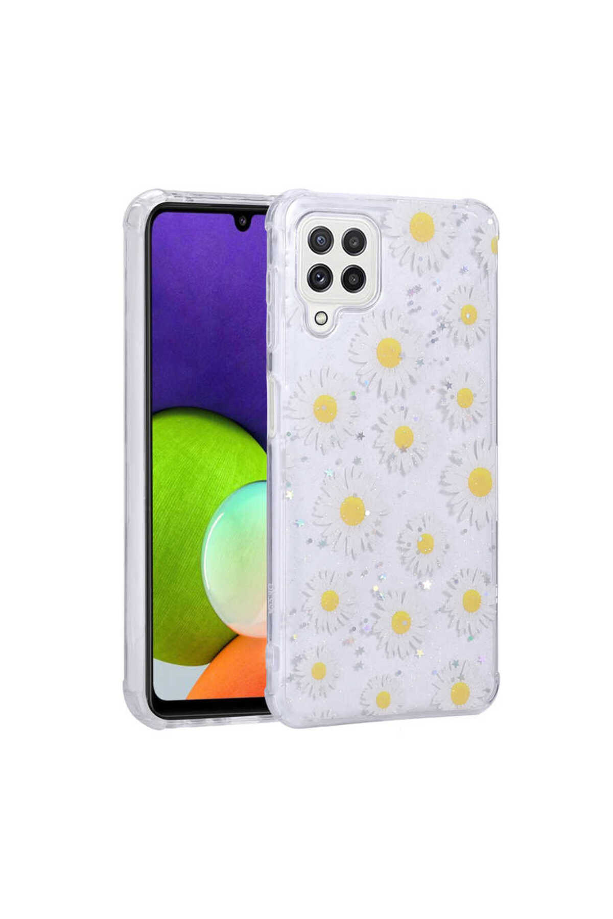 Galaxy M32 Kılıf Simli Desenli Kamera Korumalı Parlak ECRZ Popy Kapak - Papatya