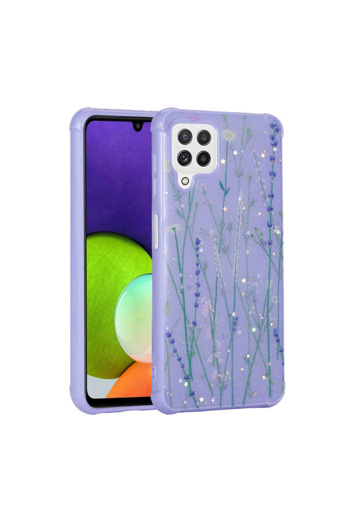 Galaxy M32 Kılıf Simli Desenli Kamera Korumalı Parlak ECRZ Popy Kapak - Papatya