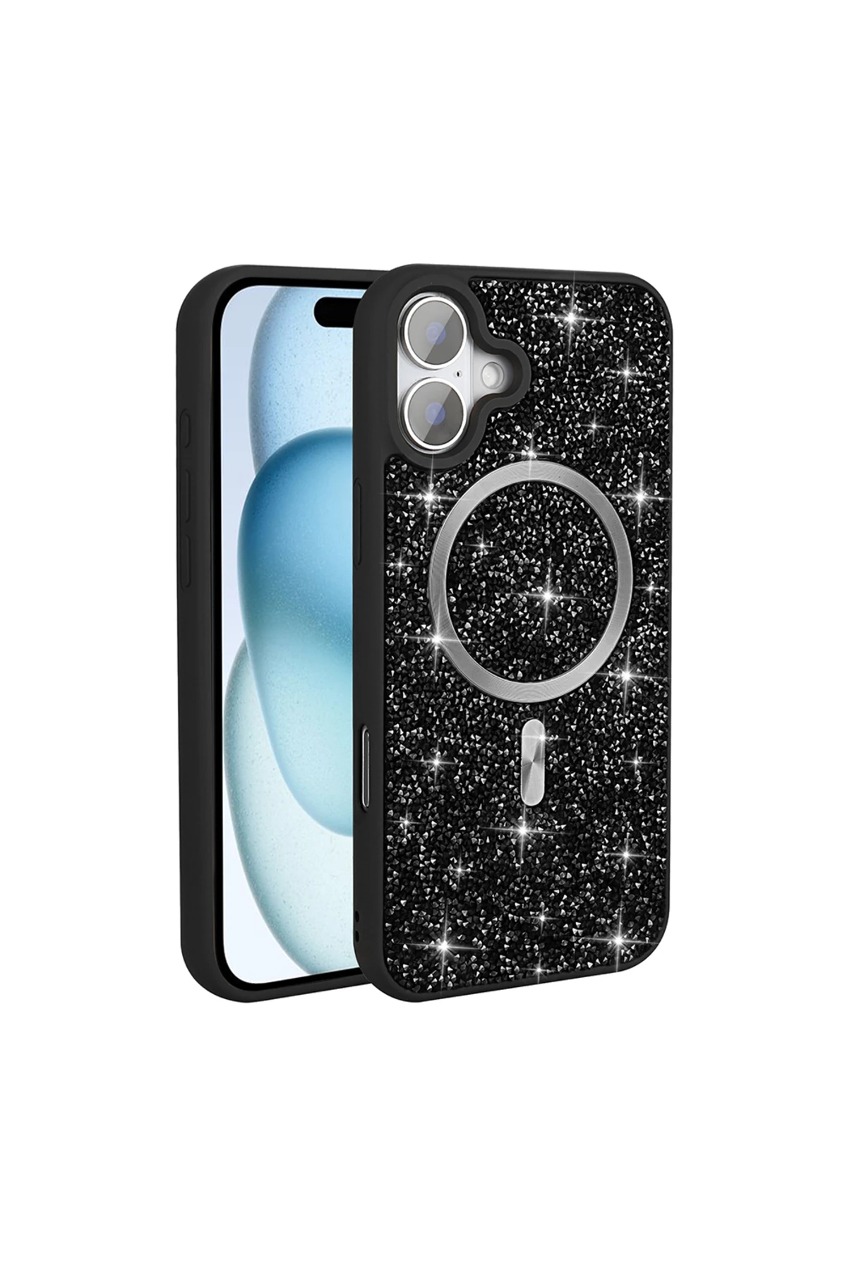 iPhone 16 Pro Kılıf Pırlanta Tasarımlı Magsafe Şarj Özellikli NXXA Mozaik Silikon Kapak - Siyah