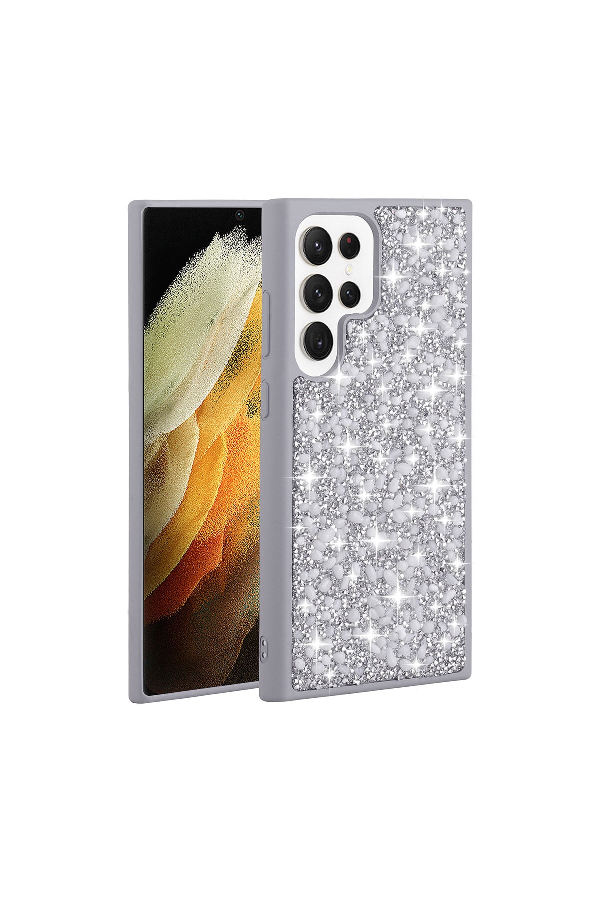 Galaxy S23 Ultra Uyumlu Parlak Taşlı Tasarım MXSP Linea Kılıf-Gümüş