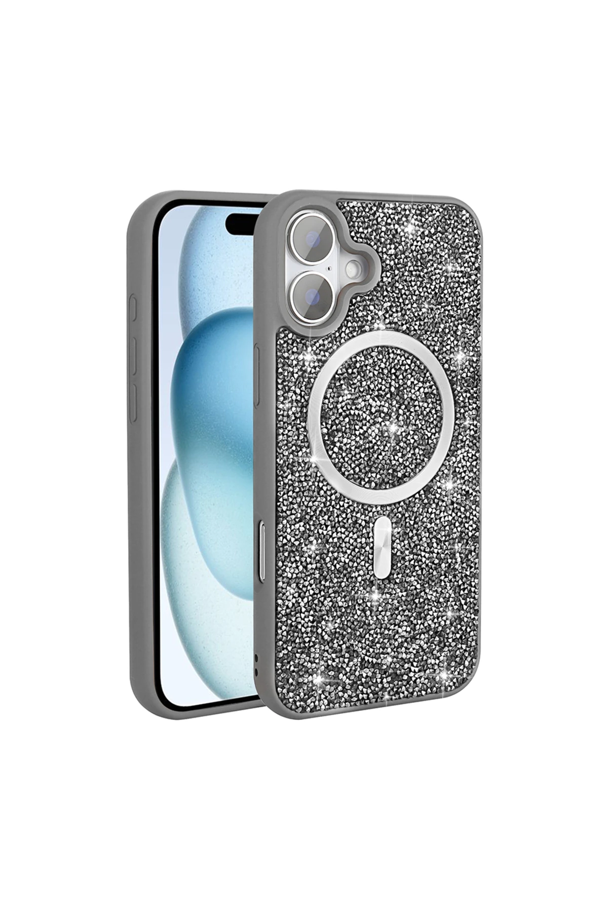 iPhone 16 Pro Kılıf Pırlanta Tasarımlı Magsafe Şarj Özellikli NXXA Mozaik Silikon Kapak - Siyah