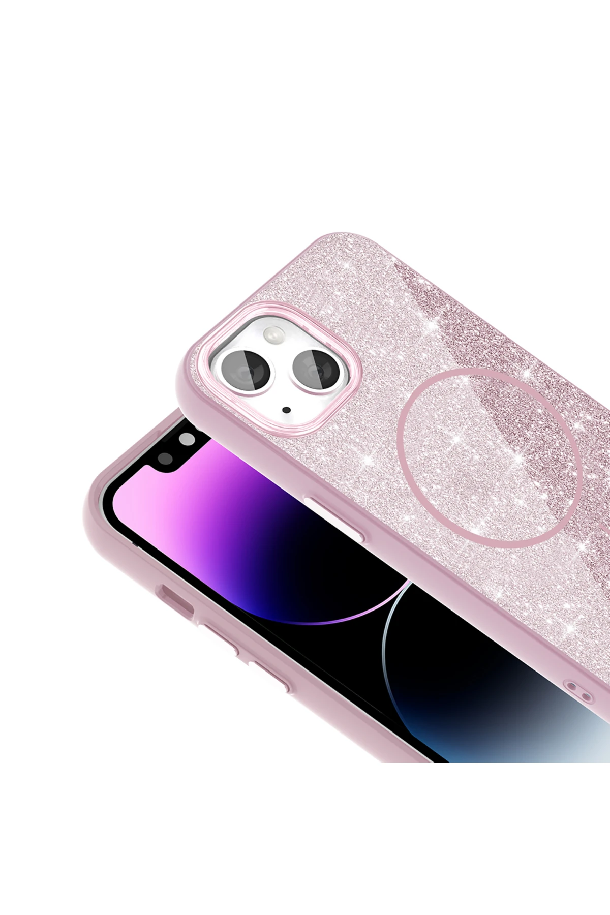 iPhone 13 Kılıf Magsafe Şarj Özellikli Parlayan Simli OMSY Okso Kapak - Beyaz