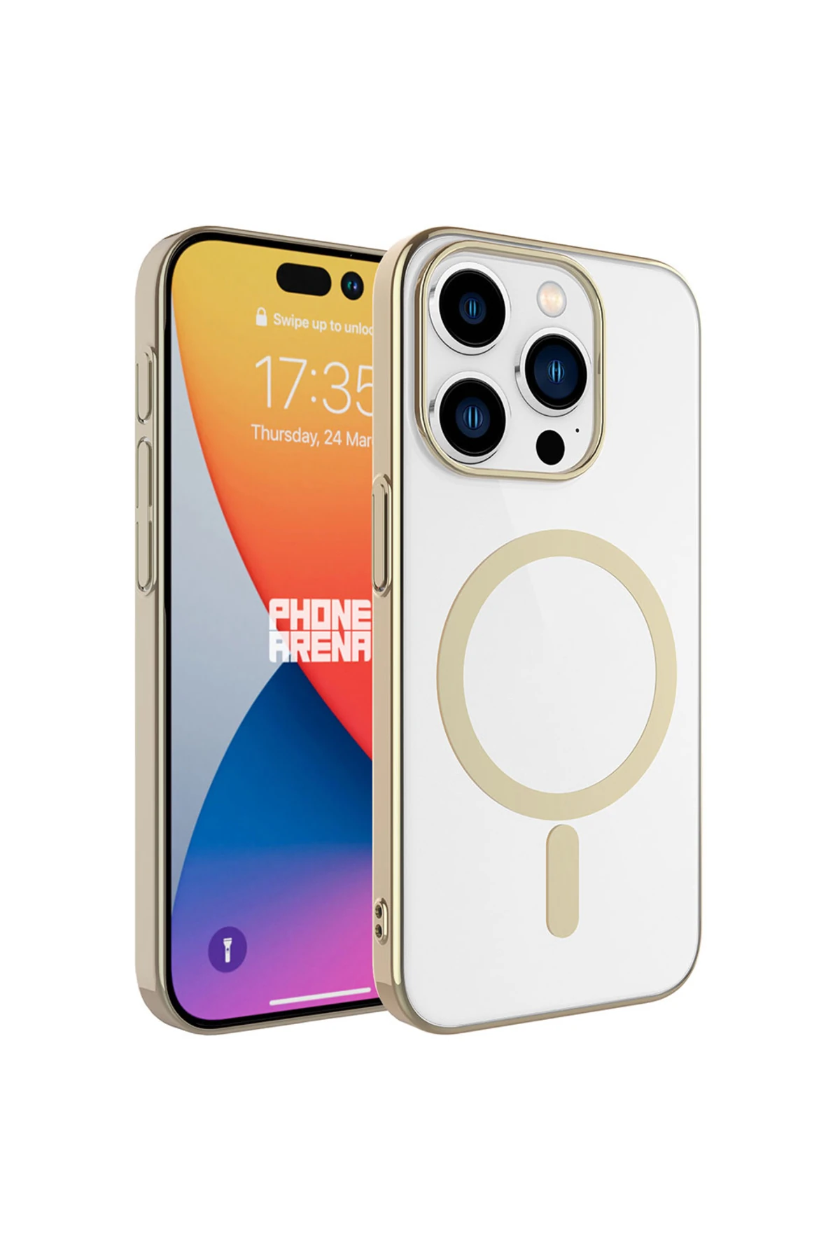 iPhone 15 Pro Uyumlu OMSY Wireless Şarj Özellikli Pixel Magsafe Kılıf-Gold