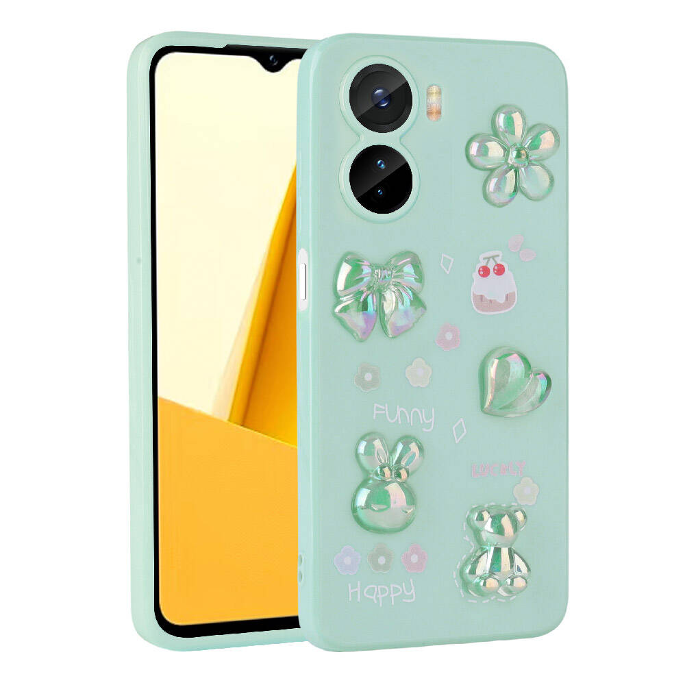 Vivo Y16 Kılıf Kabartma Figürlü Parlak OMSY Toys Silikon Kapak-Açık Yeşil
