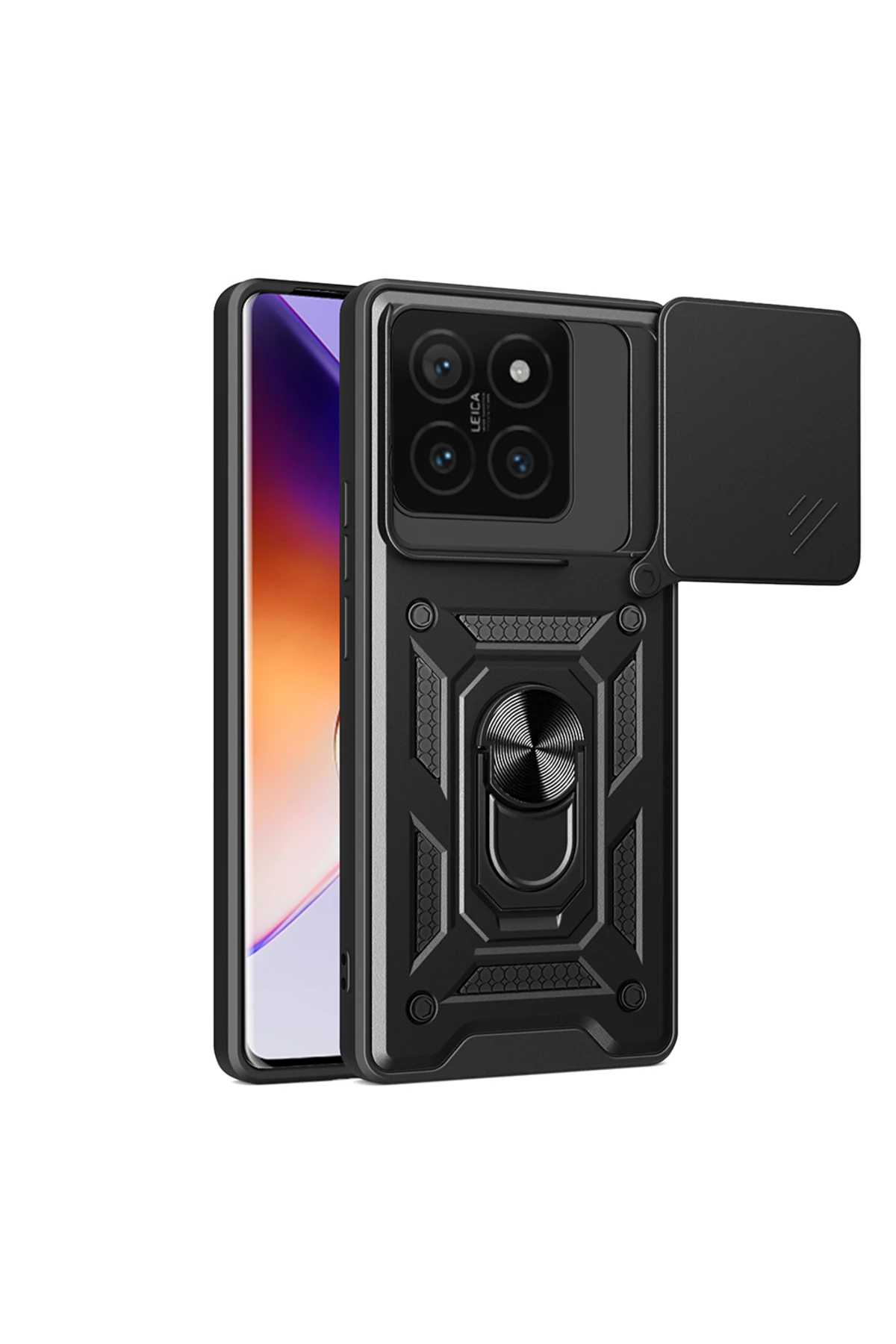 14T Uyumlu Kılıf Magnetik Standlı Kamera Korumalı OMSY Sürgülü Vega Kapak-Siyah