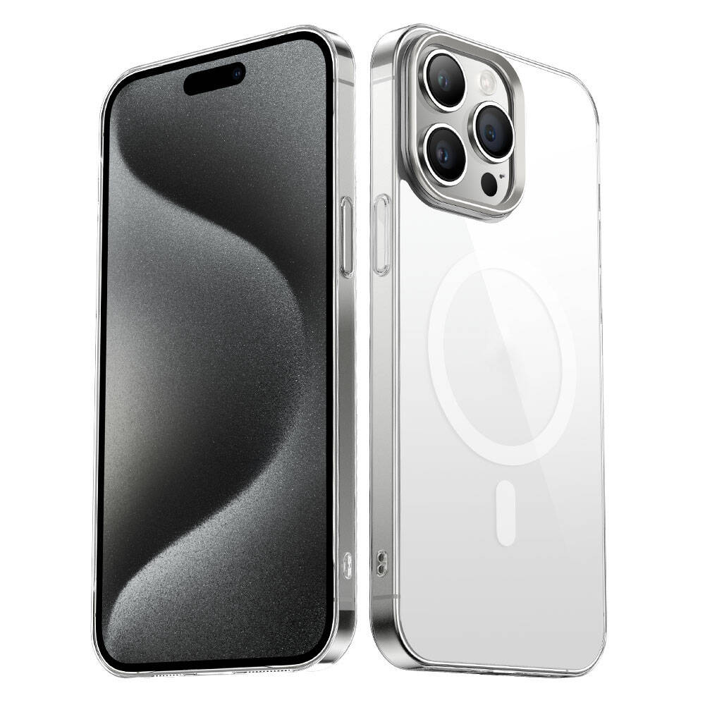 iPhone 15 Pro Uyumlu OMSY Wireless Şarj Özellikli Şeffaf G-Glass Kapak-Gümüş