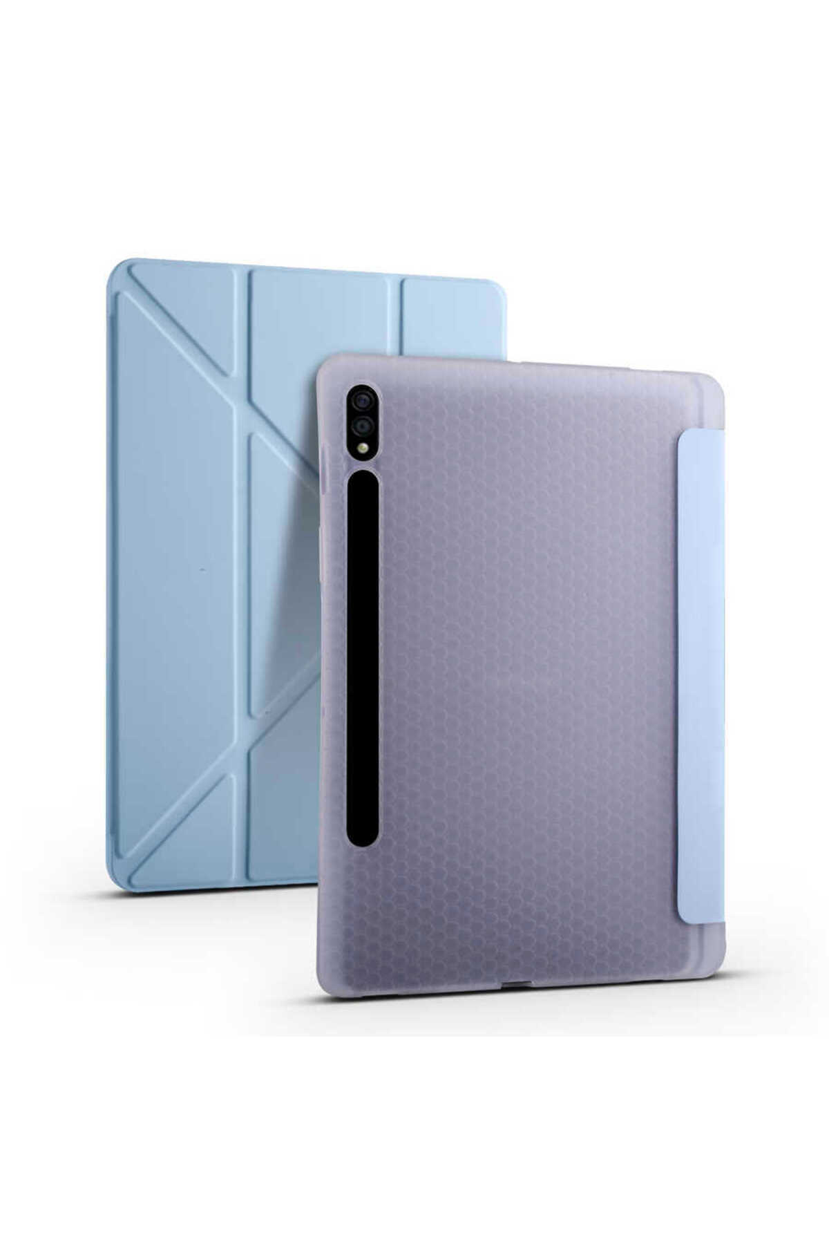 Galaxy Tab S7 Plus T970 Kılıf Uyumlu HZRV Tri Folding Kalem Bölmeli Standlı Kılıf-Mavi
