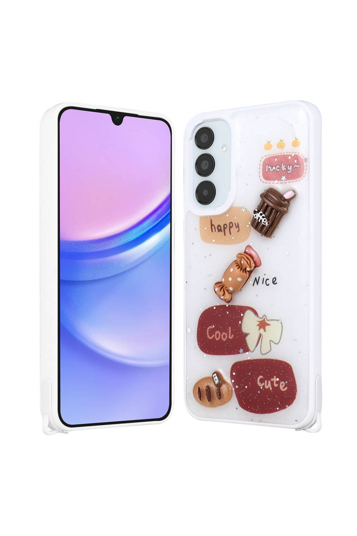 Galaxy A35 Kılıf Parlayan Simli Kabartma Figürlü ECRZ Cevze Kapak - Beyaz