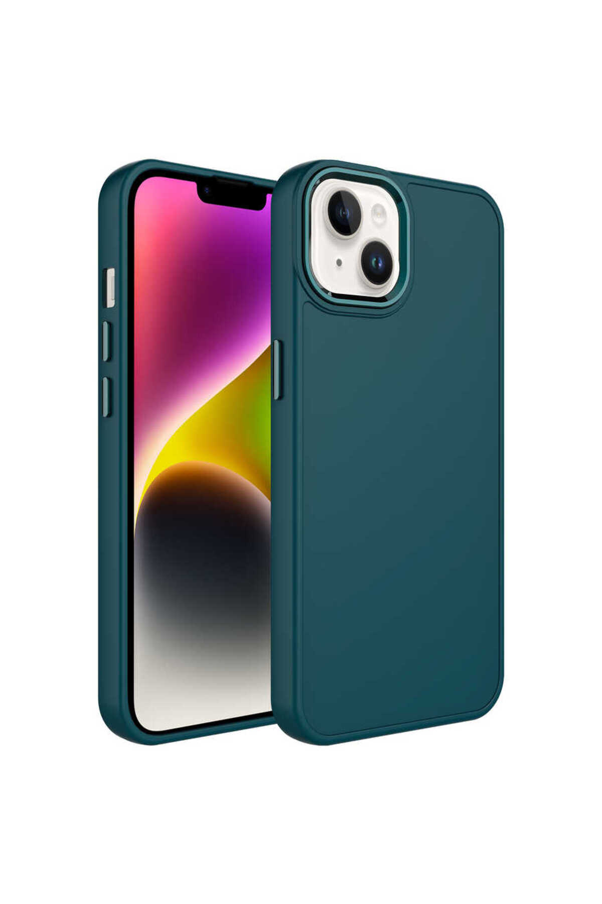 iPhone 13 Uyumlu Metal Çerçeve ve Buton Tasarımlı Silikon GCMP Luna Kılıf-Koyu Yeşil