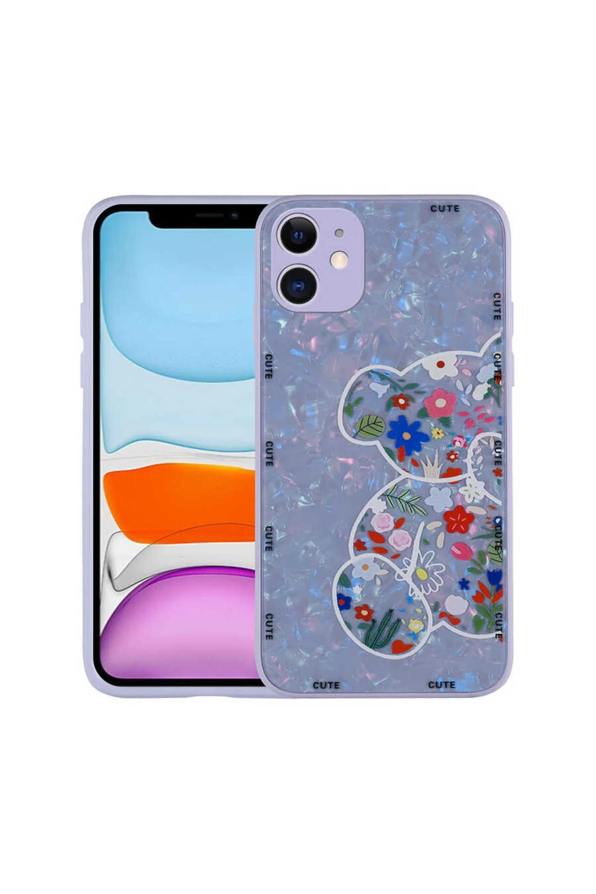 iPhone 12 Uyumlu Desenli Sert Silikon OMSY Mumila Kılıf-Lilac Bear