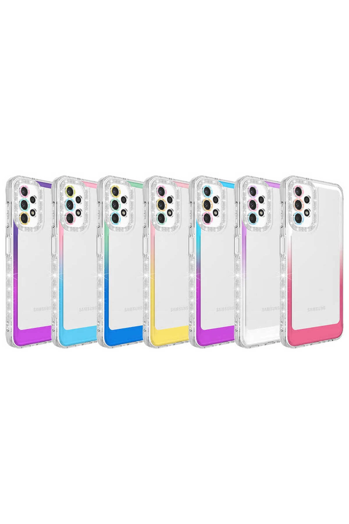 Galaxy A32 4G Kılıf Simli ve Renk Geçiş Tasarımlı Lens Korumalı MKST Park Kapak - Pembe-Mavi