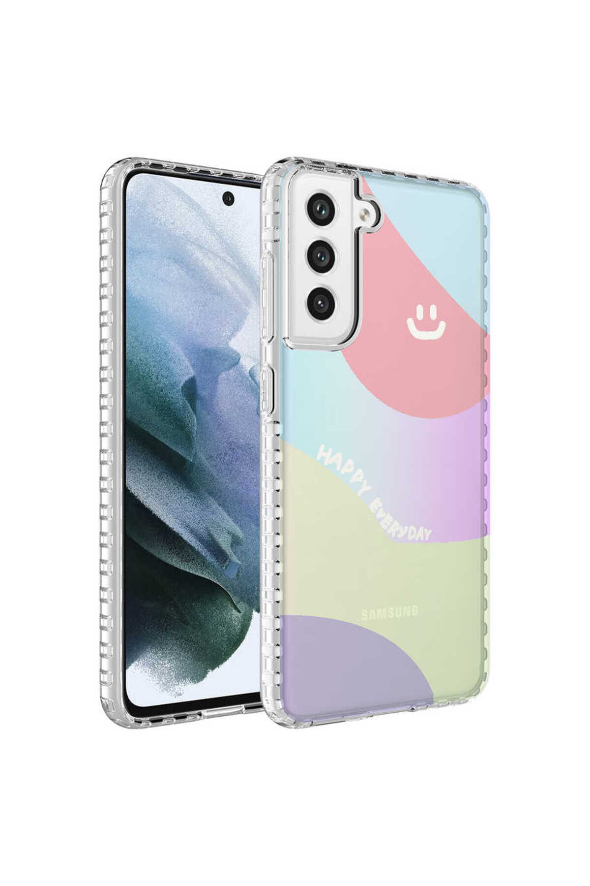 Galaxy S21 FE Uyumlu AiHTTg Kenarlı Renkli Desenli Silikon MKST Elegans Kılıf-NO7