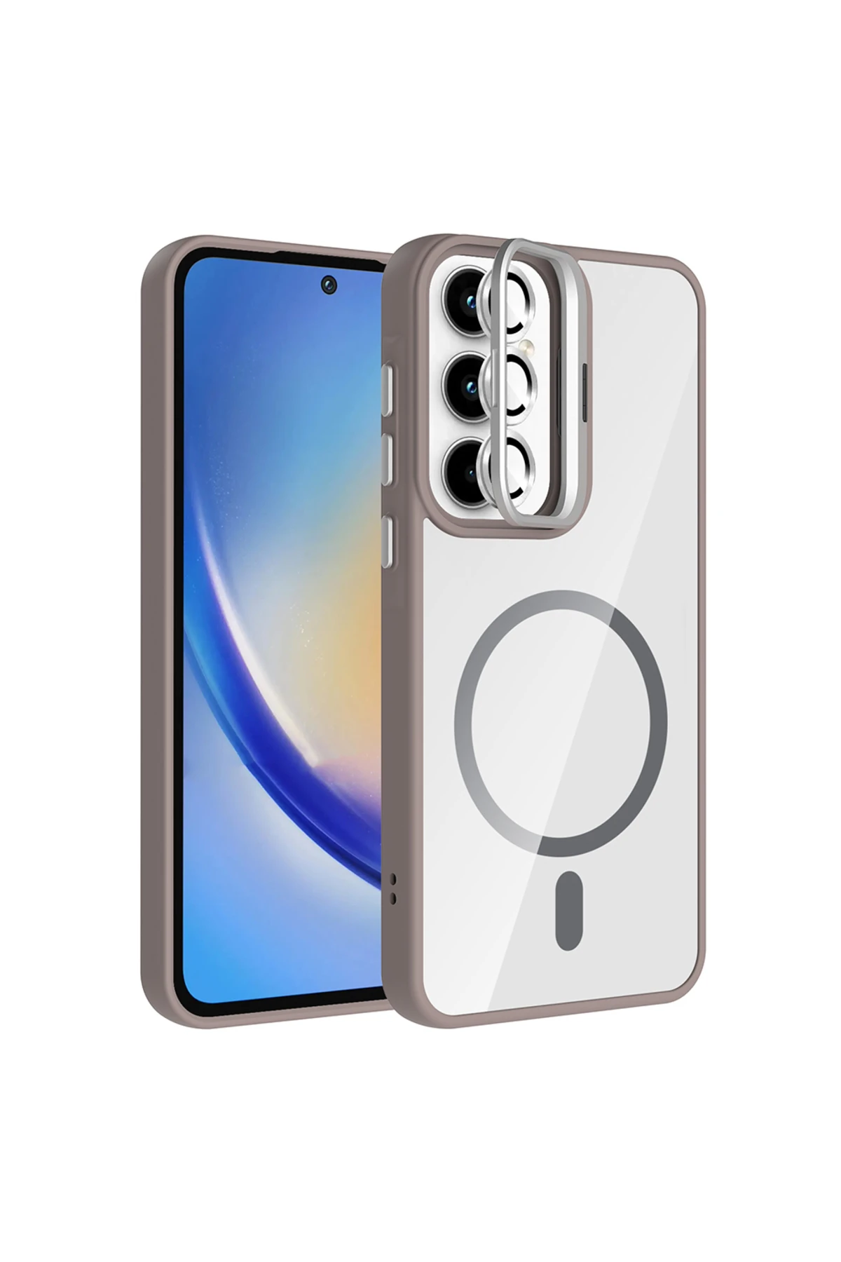 Galaxy A35 Kılıf Standlı ve Kamera Lens Hediyeli M-Safe Şarj Özellikli EFFX Etro Kapak - Gri