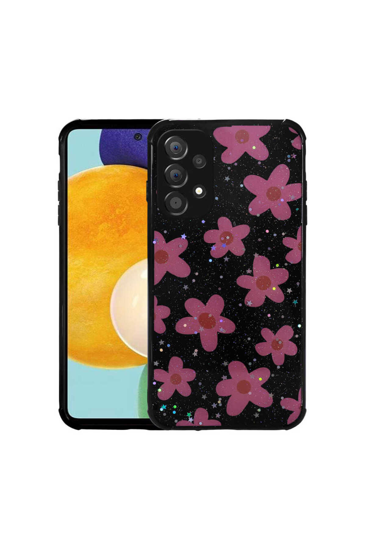Galaxy A52 Kılıf Simli Desenli Kamera Korumalı Parlak MXSP Popy Kapak - Çiçek