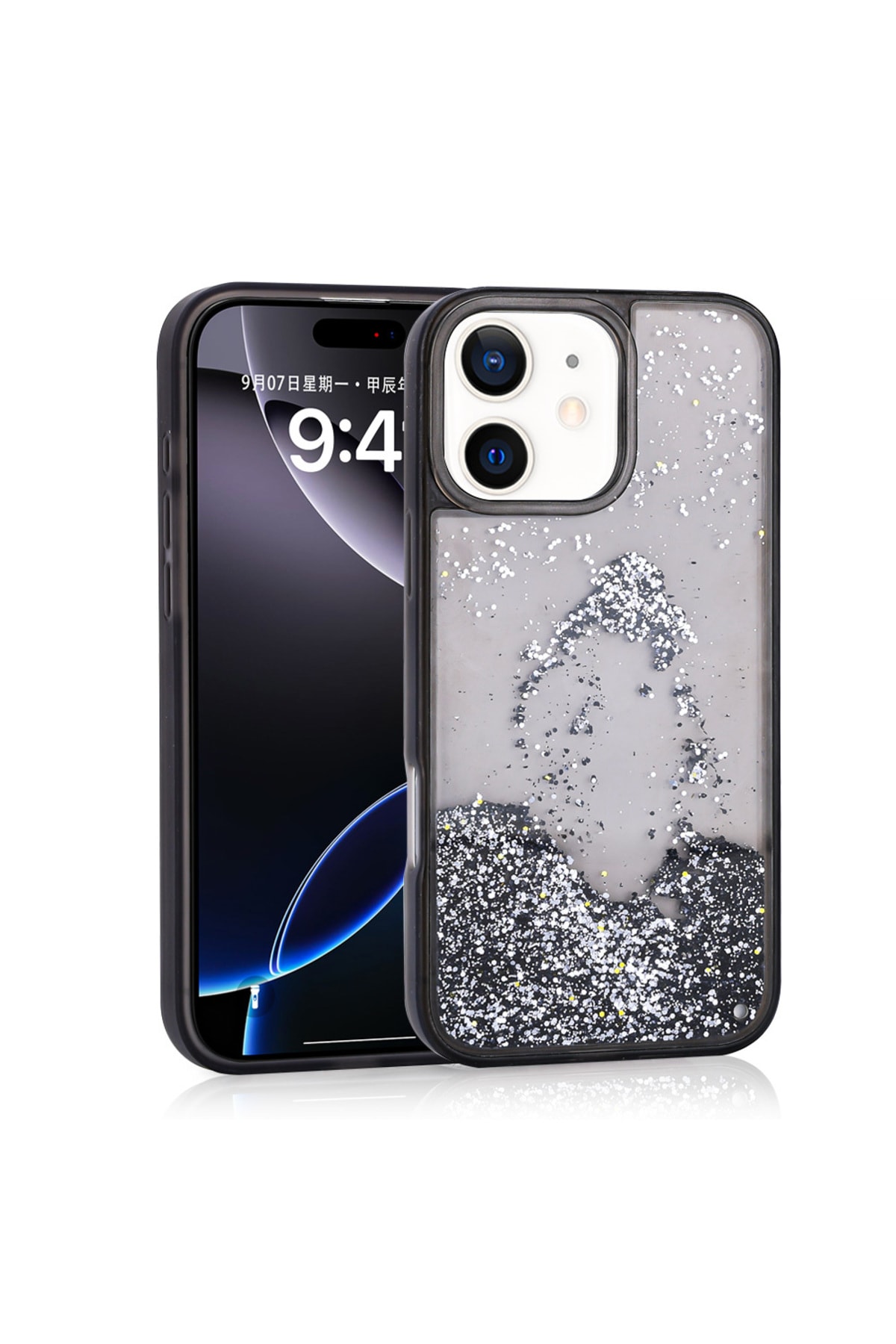 iPhone 12 Kılıf Sıvılı Simli Şeffaf Arka Yüzey GCMP Keto Silikon Kapak - Siyah