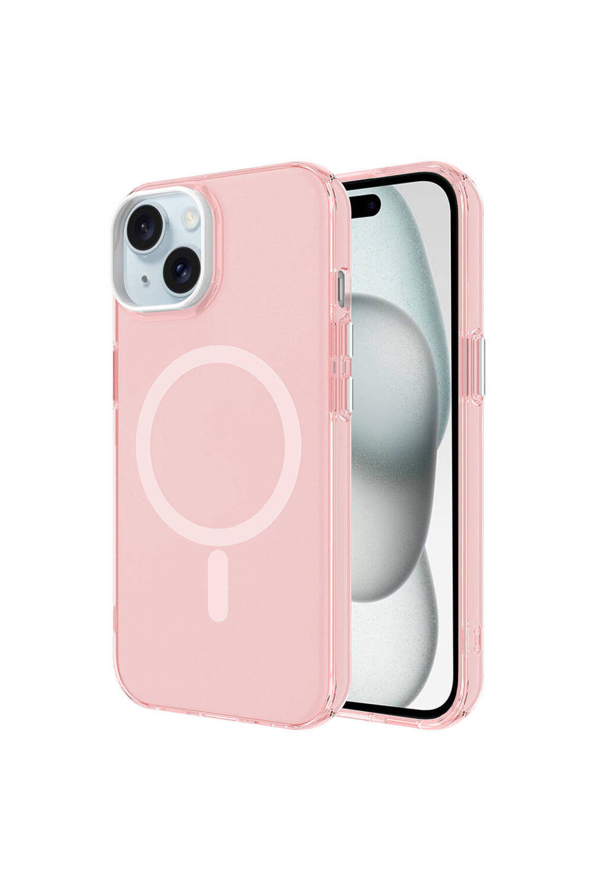 iPhone 15 Plus Kılıf HZRV Magsafe Şarj Özellikli Buzlu Transparan C-Pro Sert Kapak - Pembe