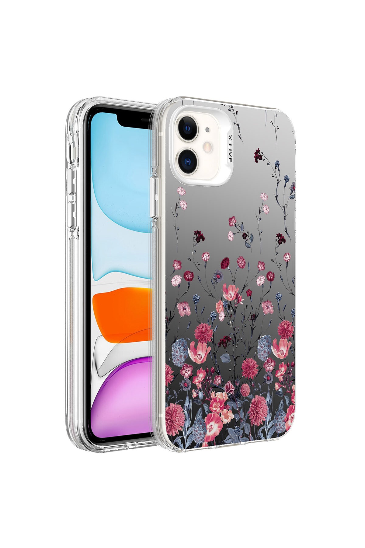 iPhone 12 Uyumlu Desenli TLZN Silver Sert Kılıf-Çiçek