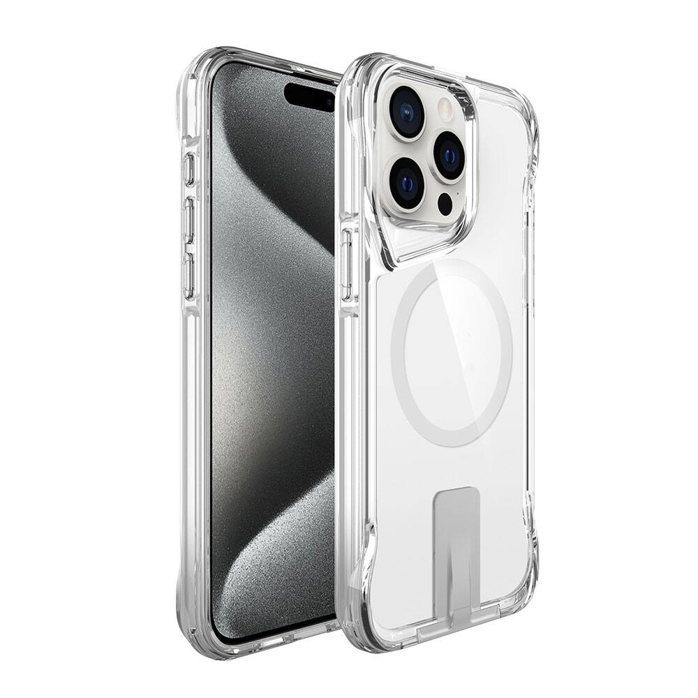 iPhone 15 Pro Uyumlu Magsafe Şarj Özellikli OMSY T-Max Standlı Kapak-Renksiz