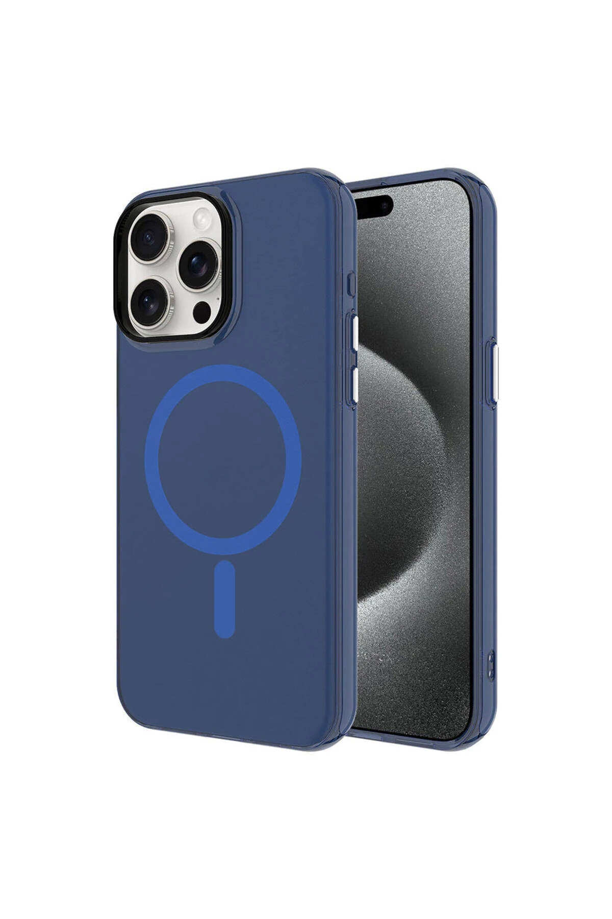iPhone 15 Pro Uyumlu MKST Magsafe Şarj Özellikli Buzlu Transparan C-Pro Sert Kılıf-Lacivert