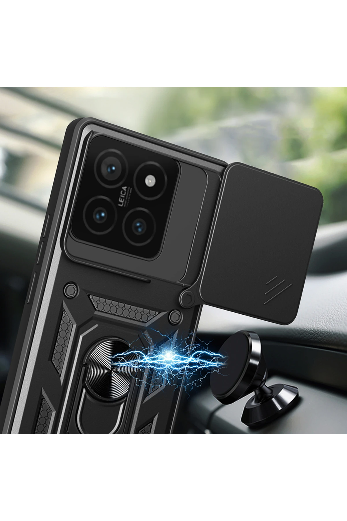 14T Uyumlu Kılıf Magnetik Standlı Kamera Korumalı OMSY Sürgülü Vega Kapak-Siyah