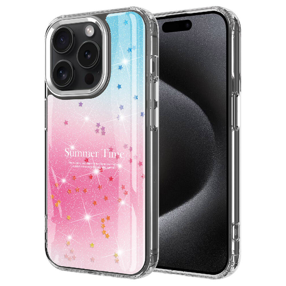 iPhone 13 Uyumlu Simli Desenli Parlak OMSY Task Kapak-Pembe