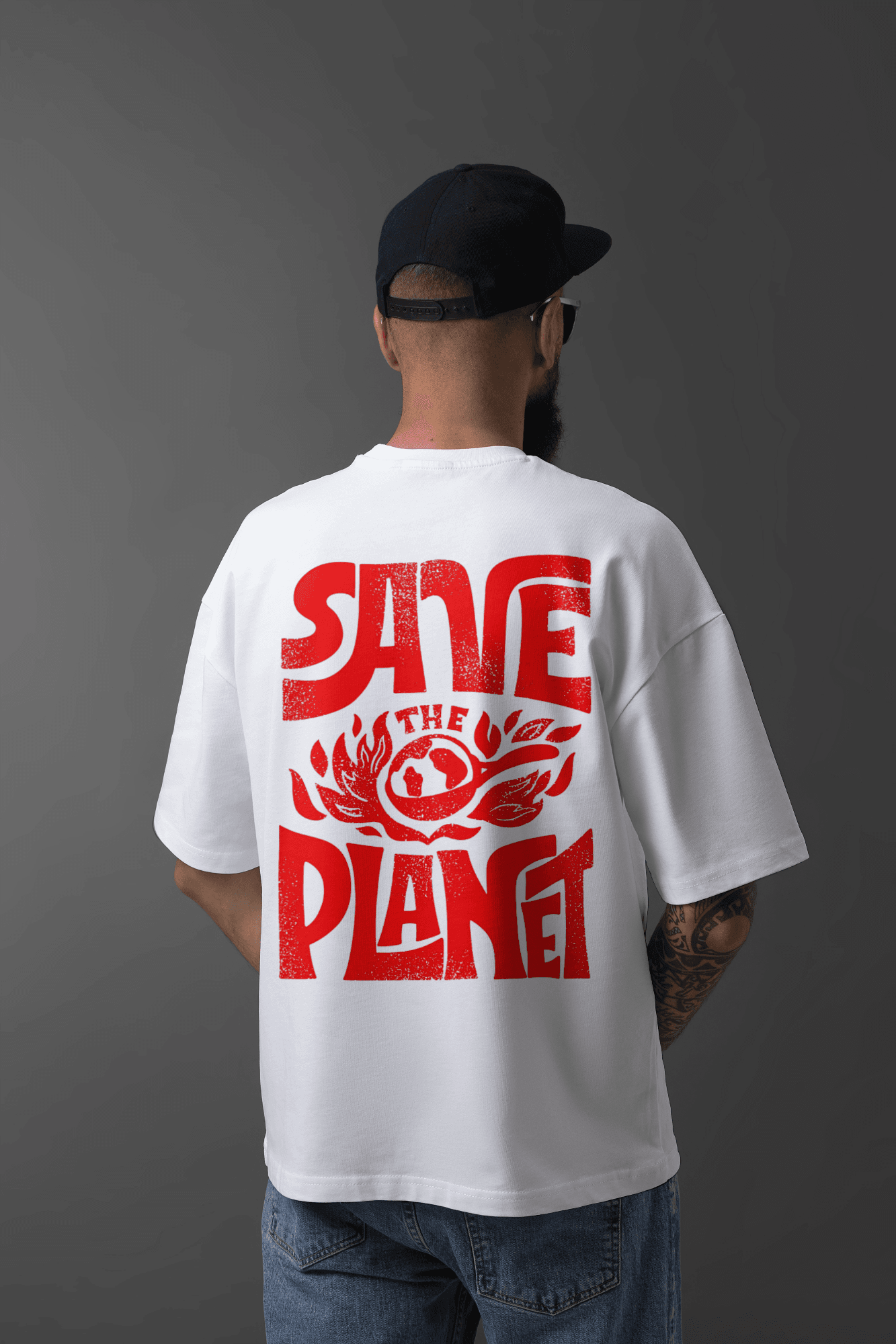 Erkek Sırt Baskılı "Save The Planet" Bisiklet Yaka Tişört