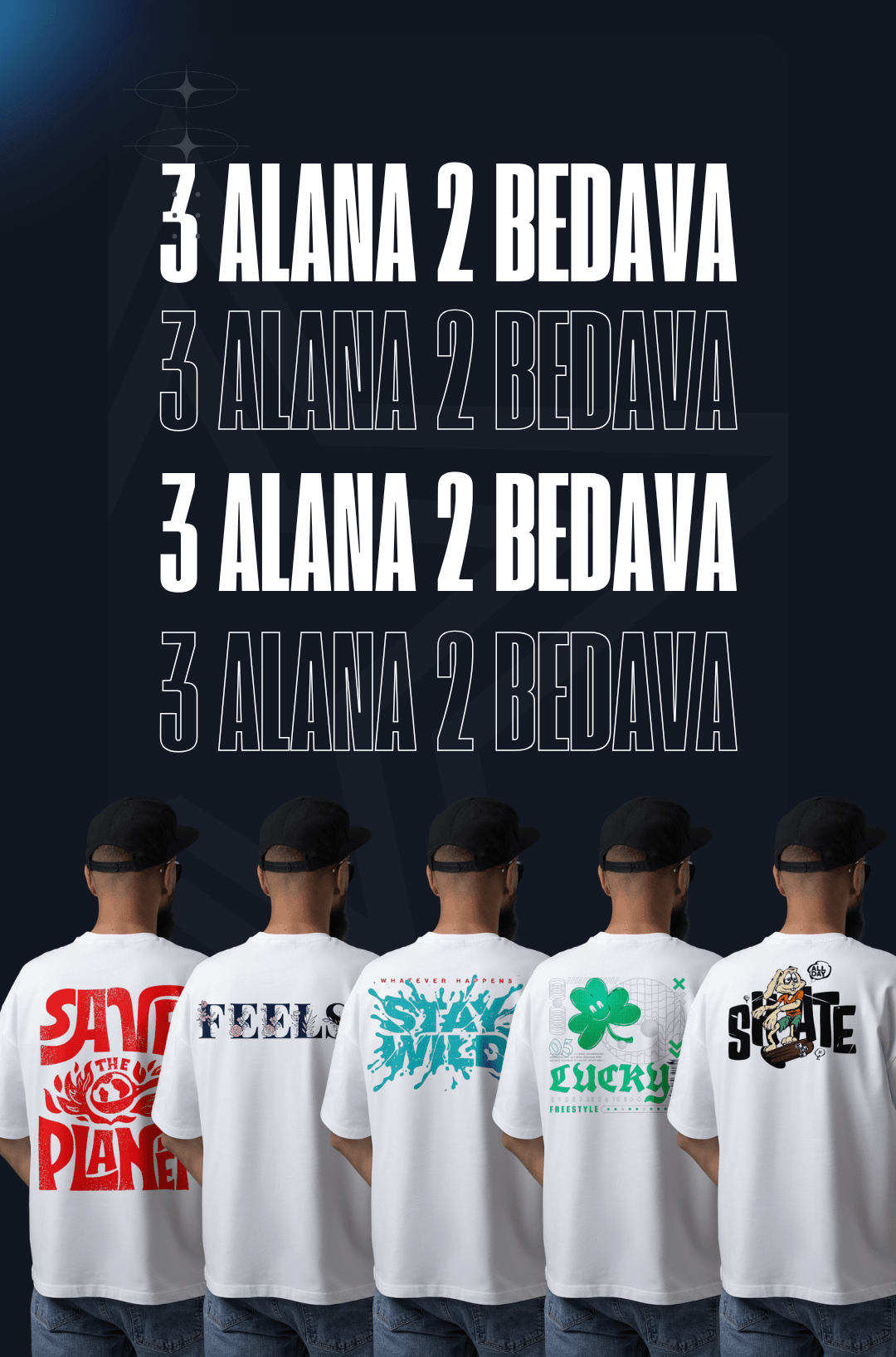 3 Alana 2 Bedava Beyaz Bisiklet Yaka Sırt Baskılı Tişörtler