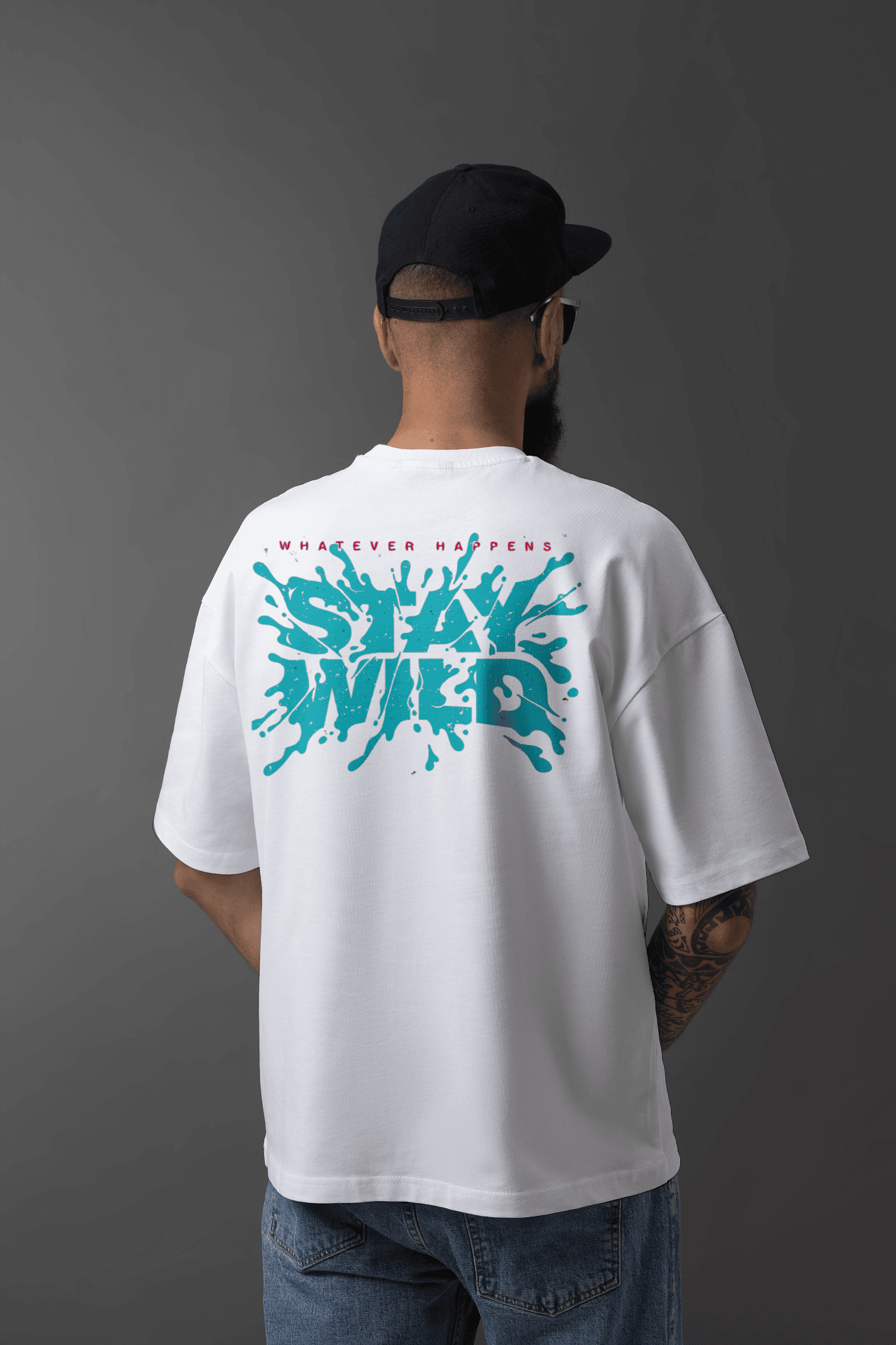 Erkek Sırt Baskılı "STAY WILD" Bisiklet Yaka Tişört