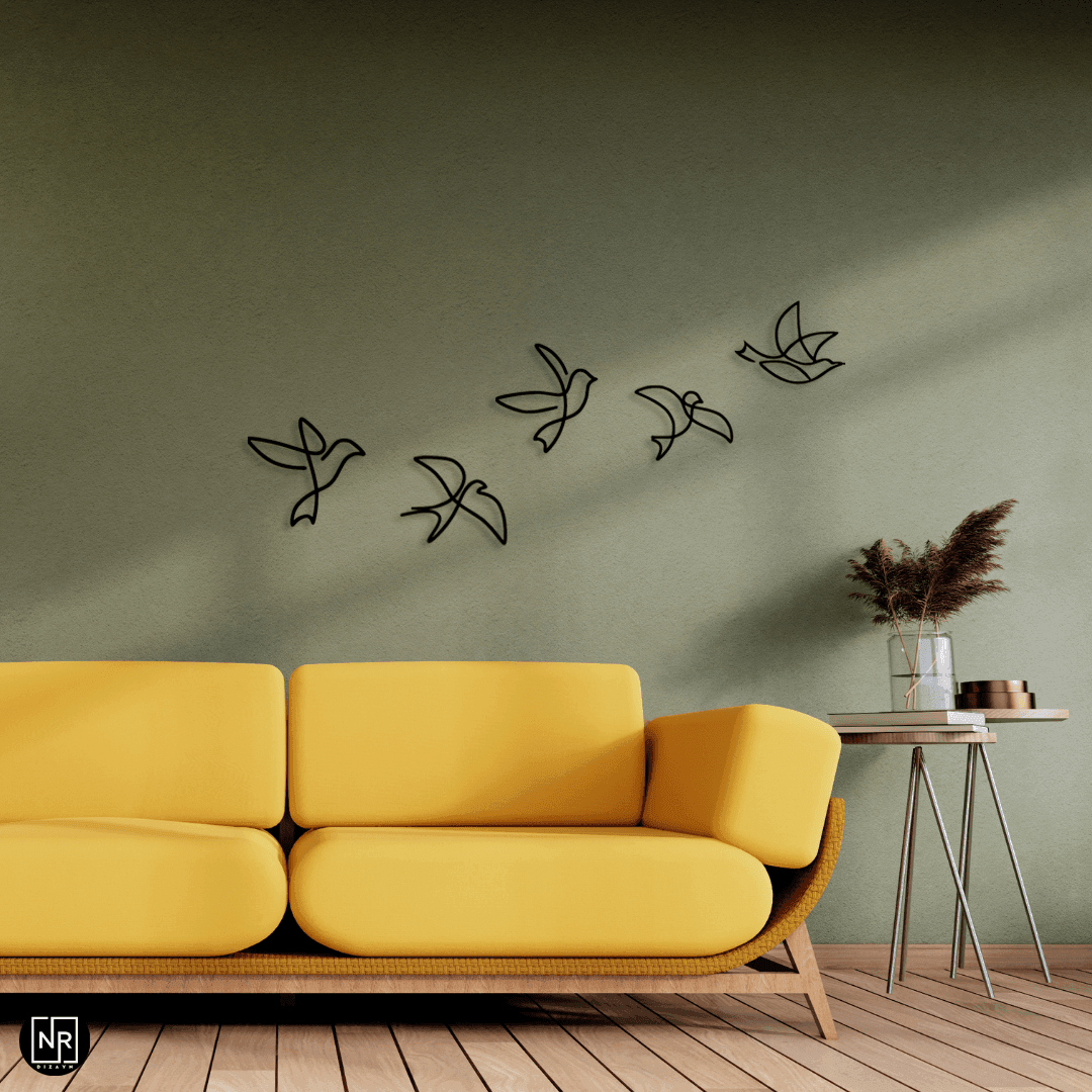 Dekoratif 5’li Kuş Metal Duvar Tablosu - Modern Duvar Dekoru