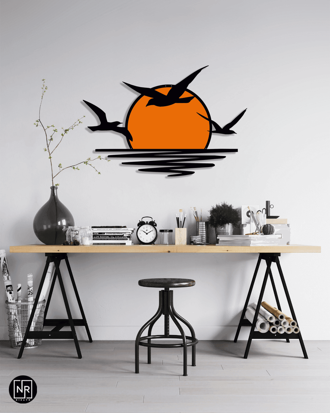 Gün Batımı ve Martı Motifli Metal Tablo - Modern Duvar Dekoru