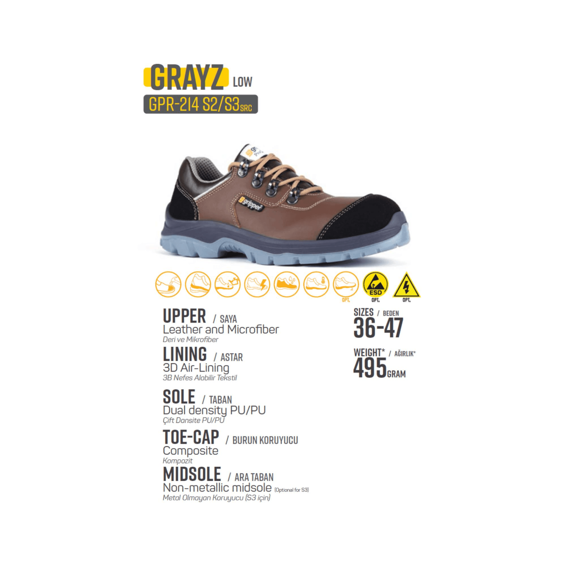 Mekap Gripper Grazy Low GPR-214 S3 SRC Vidala ve Mikrofiber Deri Kompozit Burun Kevlar Ara Taban İş Ayakkabısı