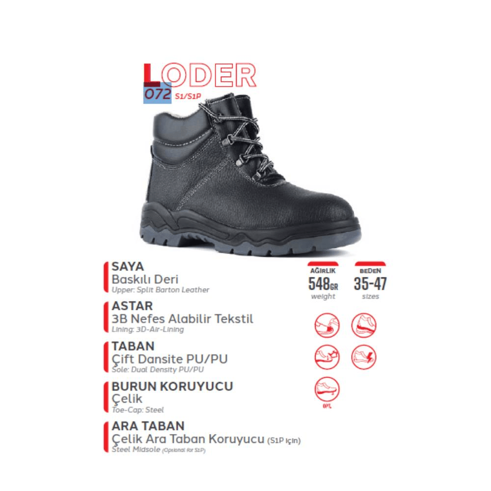 Mekap Loader 072 S1P SRC Baskılı Deri Çelik Burun Çelik Ara Taban İş Botu