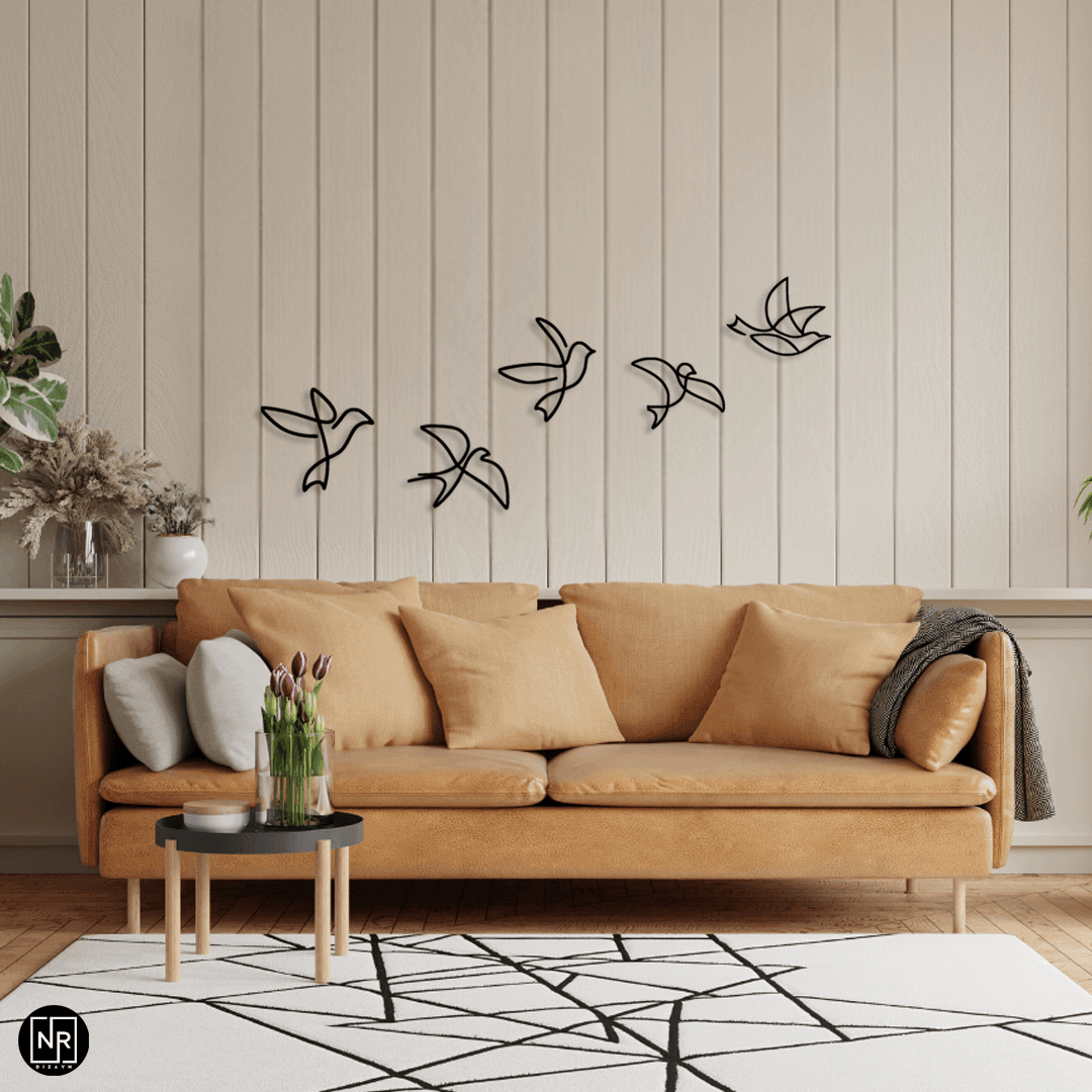 Dekoratif 5’li Kuş Metal Duvar Tablosu - Modern Duvar Dekoru