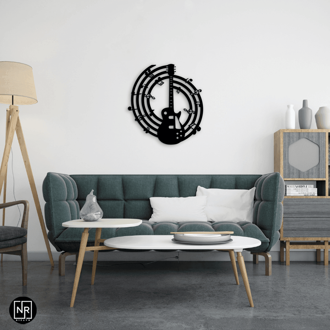 Nota Gitar Detaylı Metal Duvar Tablosu
