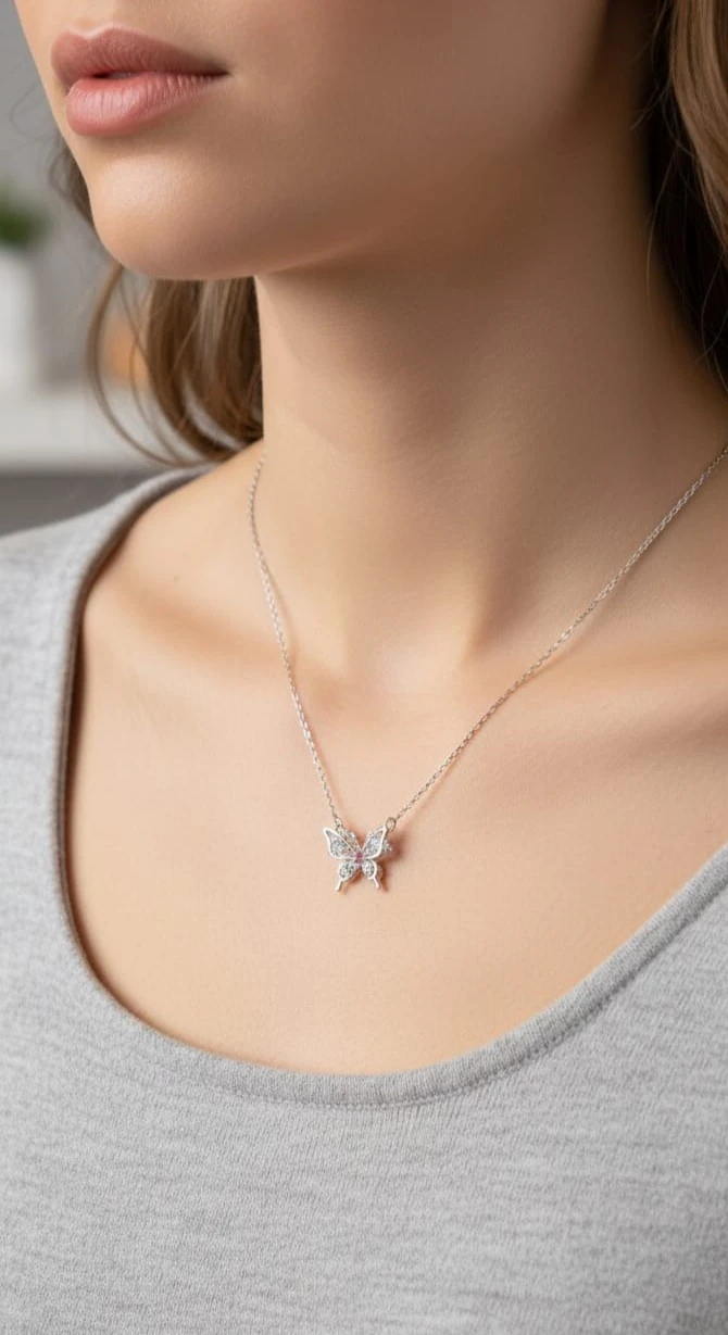 925 Ayar Gümüş Kelebek Model Zirkon Taşlı Kolye – Zarif ve Işıltılı Kadın Takı