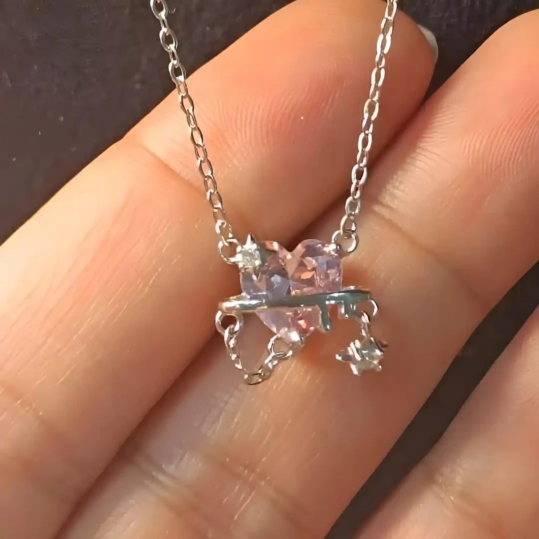 925 Ayar Gümüş Kalpli Model Çift Yıldızlı Zirkon Taşlı Kolye – Şık ve Parlak Kadın Takı