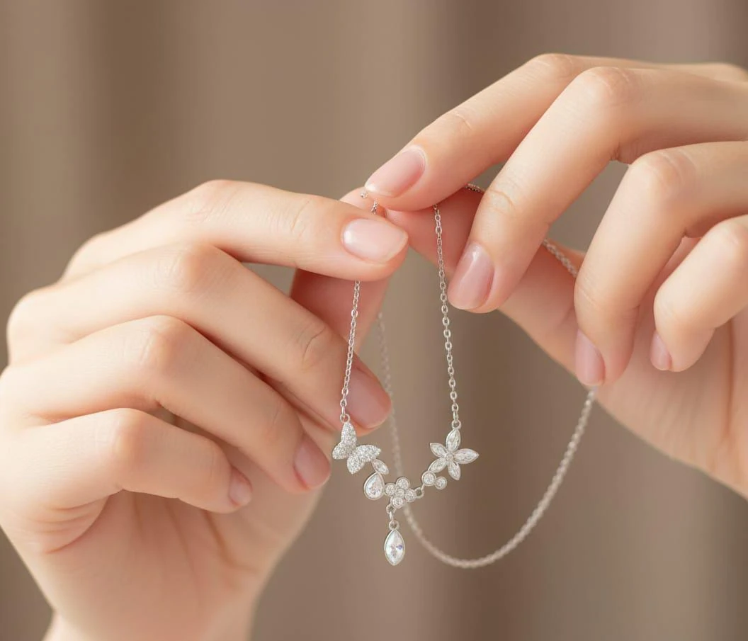 Asimetrik Sarkıt Kelebek ve Çiçek Desenli Kolye – Zarif ve Modern Kadın Takı Modeli